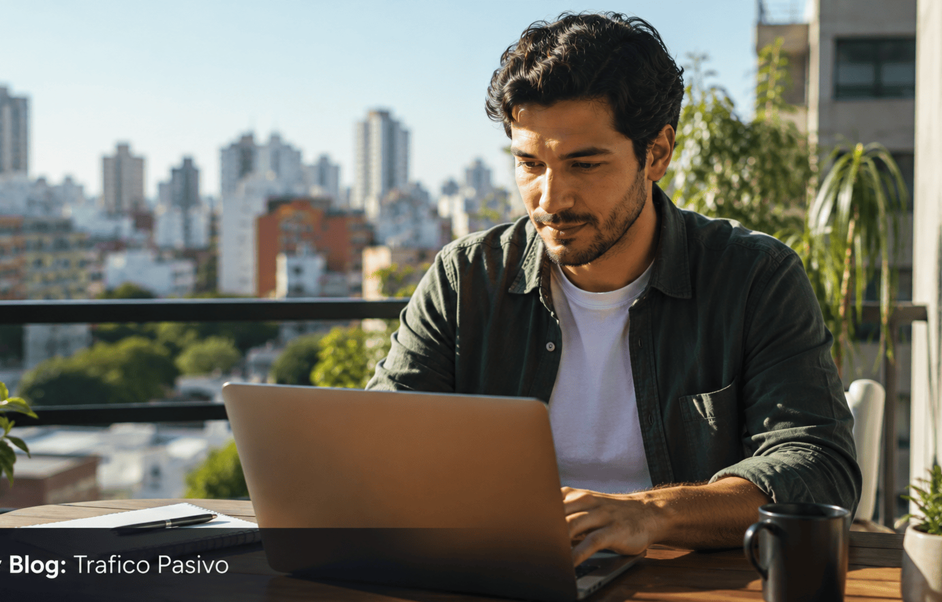 Hombre joven latinoamericano trabajando en laptop en terraza.