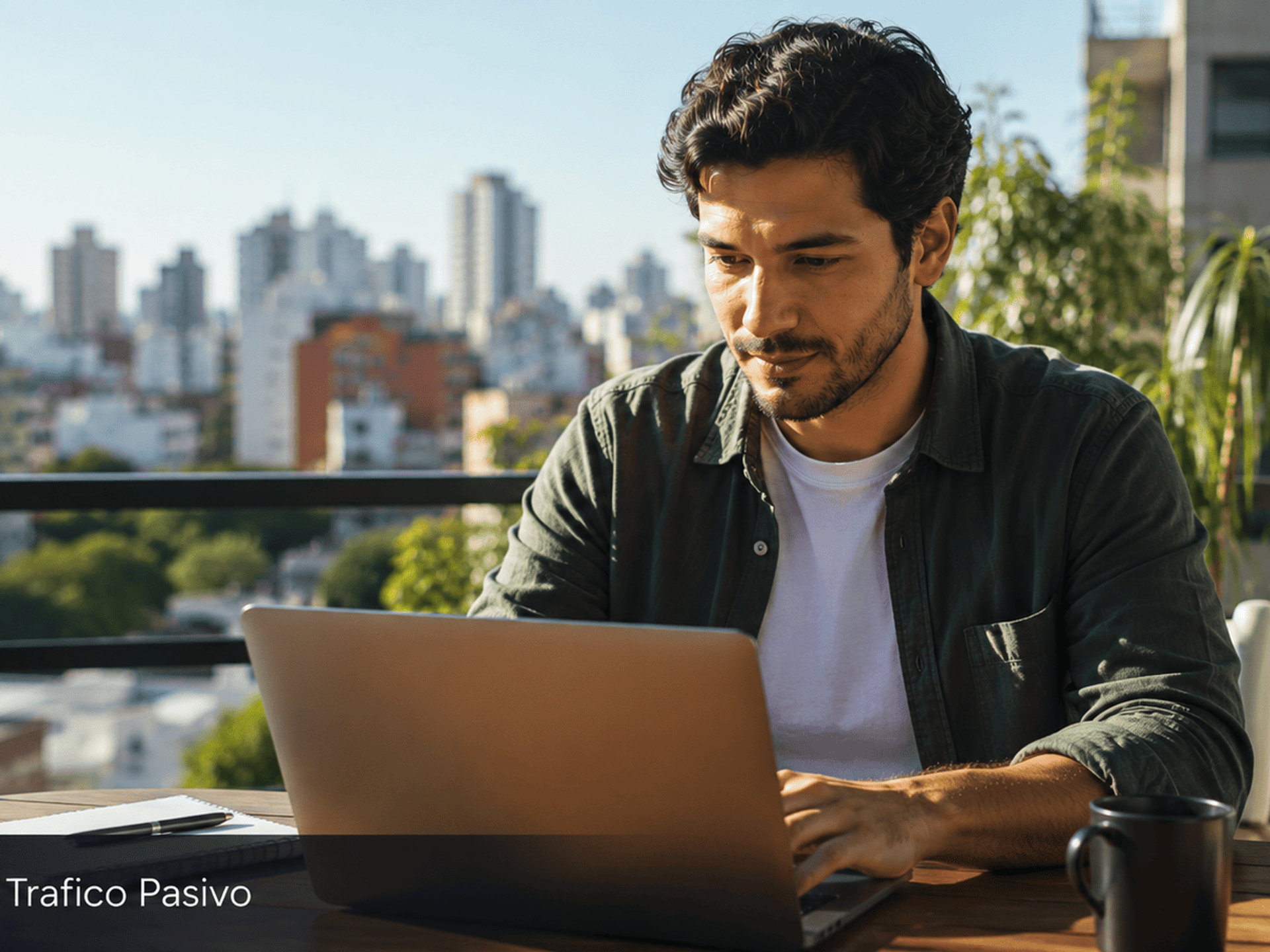 Hombre joven latinoamericano trabajando en laptop en terraza.