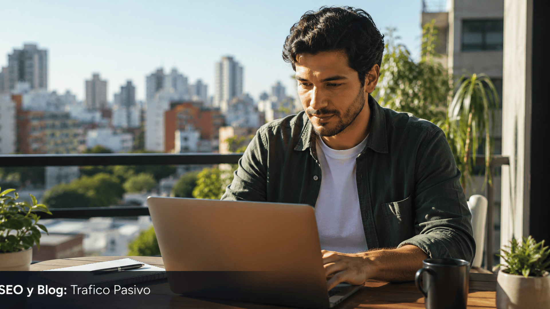 Hombre joven latinoamericano trabajando en laptop en terraza.