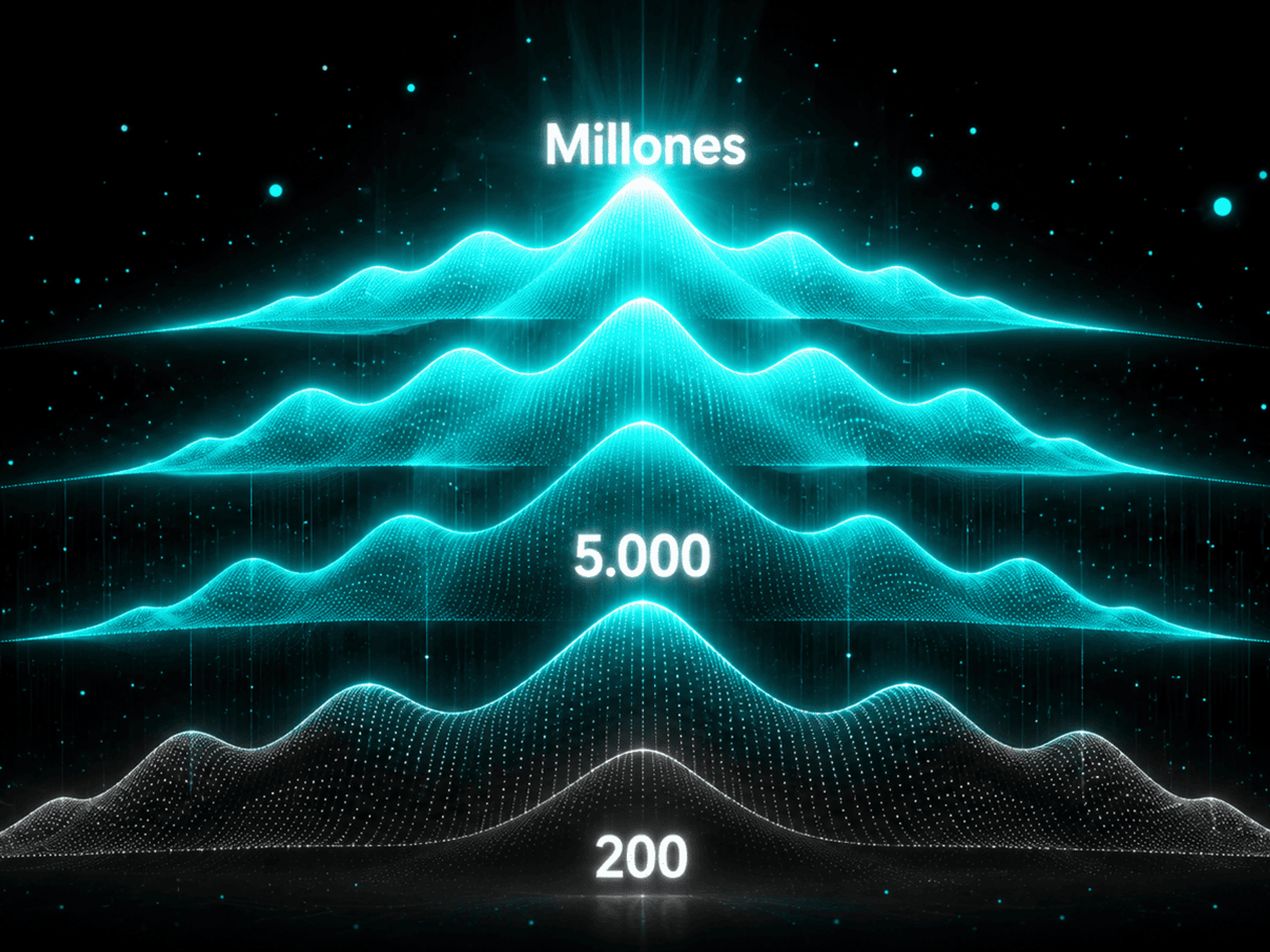 Visualizacion abstracta de olas de alcance luminosas en neon cyan apiladas de menor a mayor representando el sistema de olas