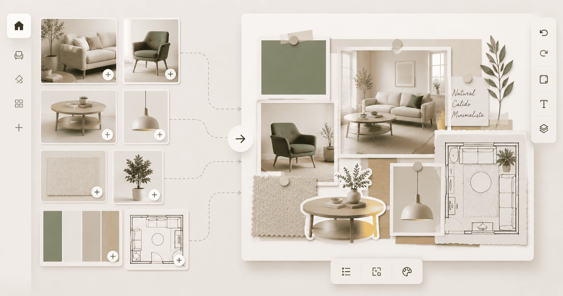 Ilustración de un moodboard digital con muebles, muestras de color y bocetos integrados en un lienzo virtual.