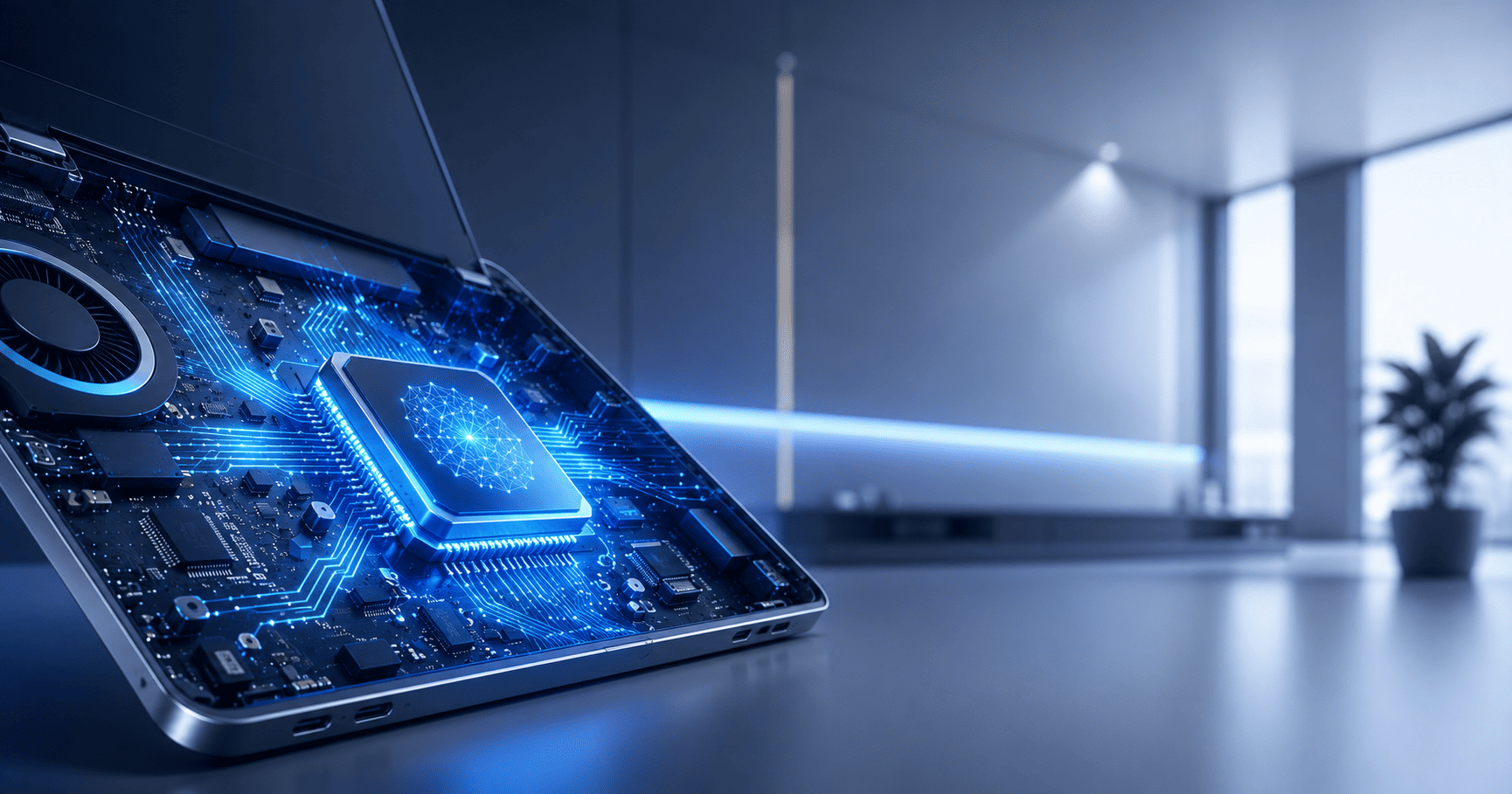 Ilustración de un chip de IA integrado en un portátil con flujos de datos luminosos azules.