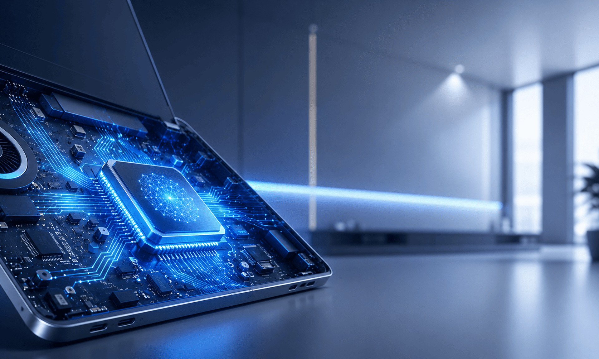 Ilustración de un chip de IA integrado en un portátil con flujos de datos luminosos azules.
