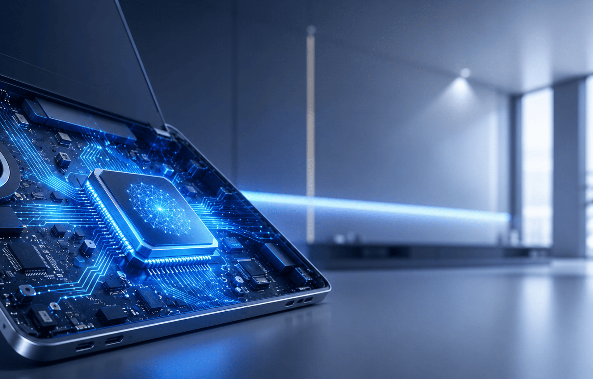 Ilustración de un chip de IA integrado en un portátil con flujos de datos luminosos azules.