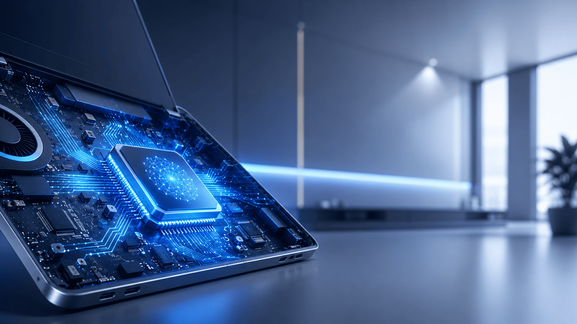 Ilustración de un chip de IA integrado en un portátil con flujos de datos luminosos azules.
