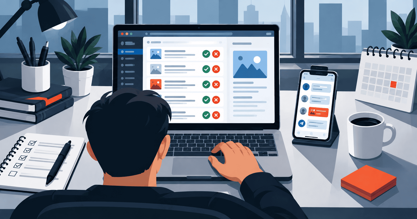 Moderación de contenido digital desde un portátil con apoyo de mensajería móvil.