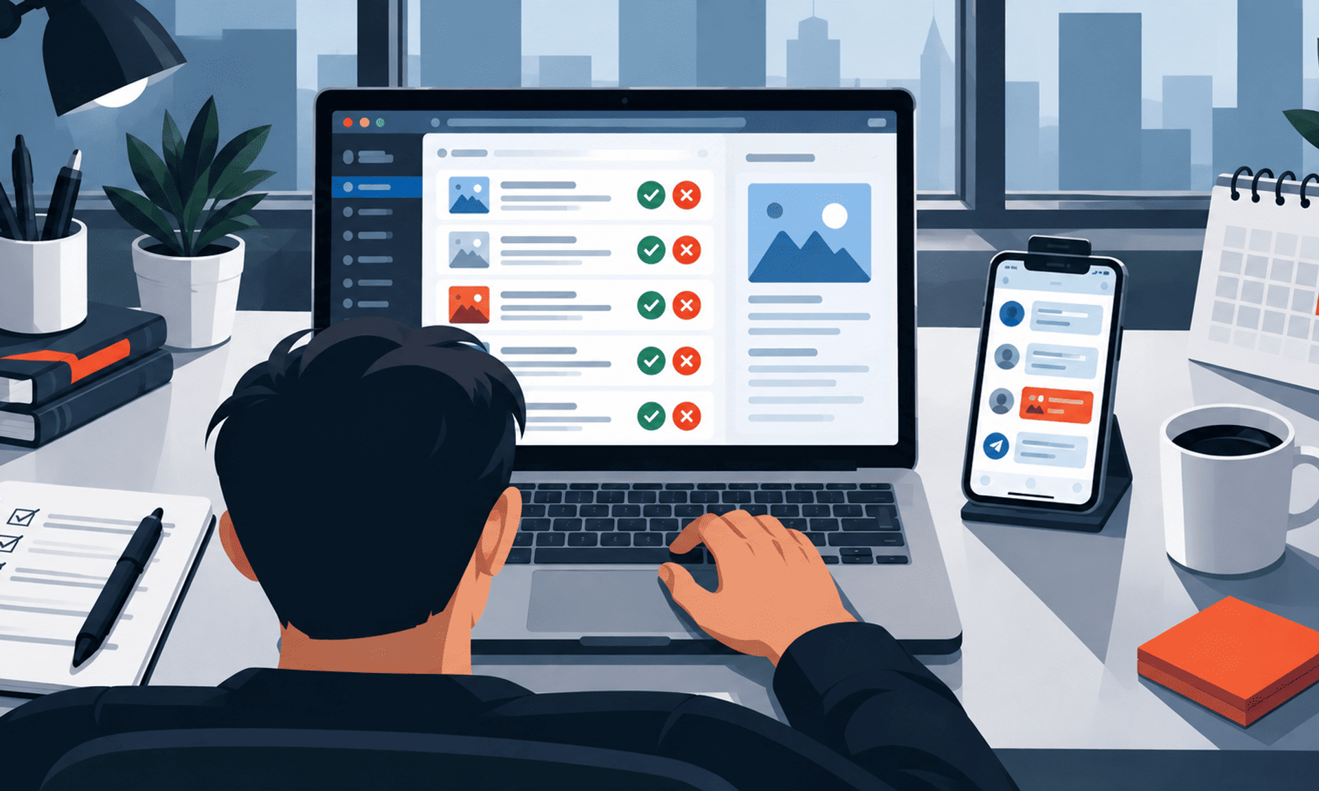 Moderación de contenido digital desde un portátil con apoyo de mensajería móvil.