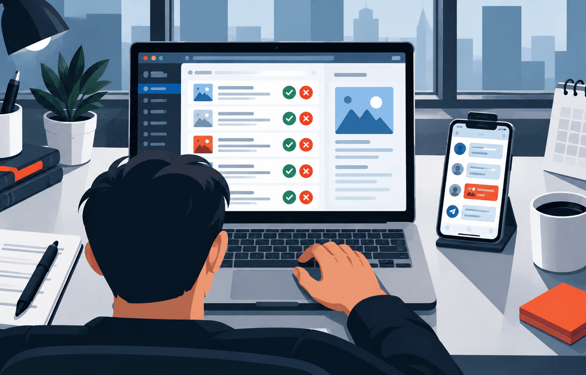 Moderación de contenido digital desde un portátil con apoyo de mensajería móvil.