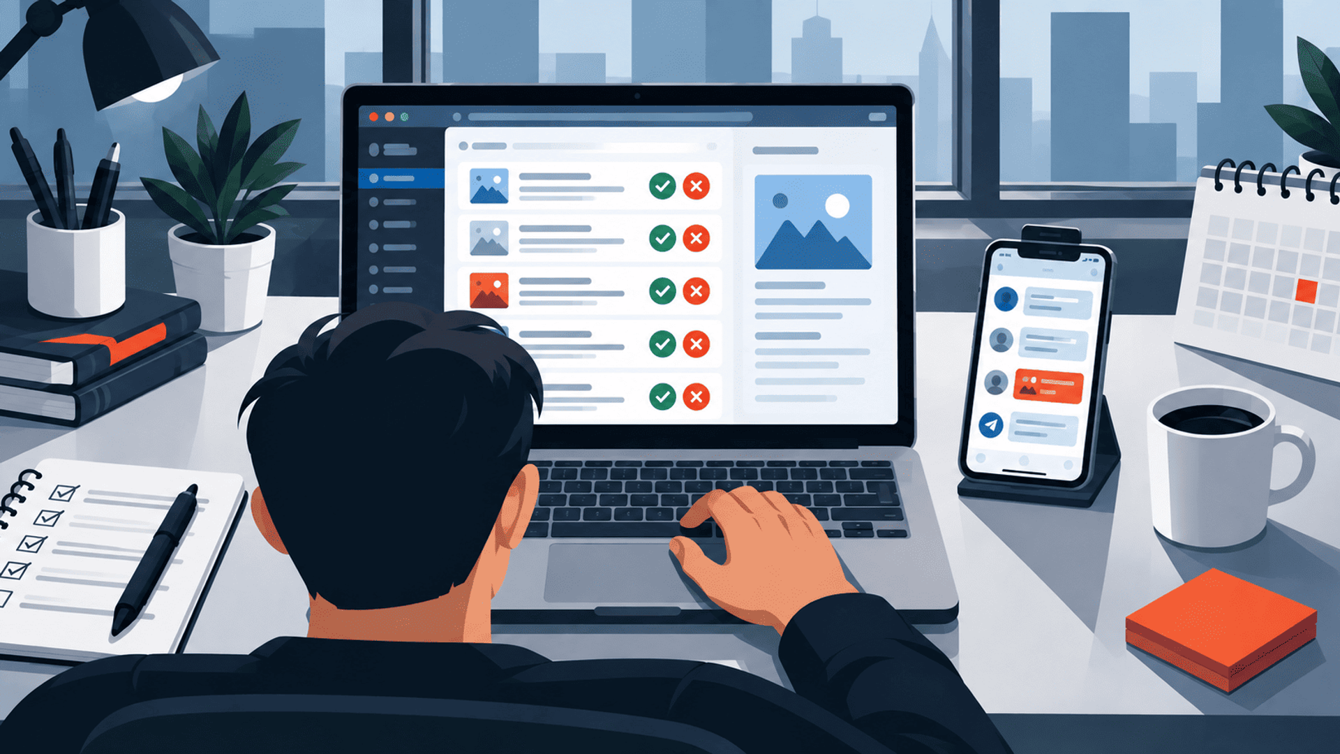 Moderación de contenido digital desde un portátil con apoyo de mensajería móvil.