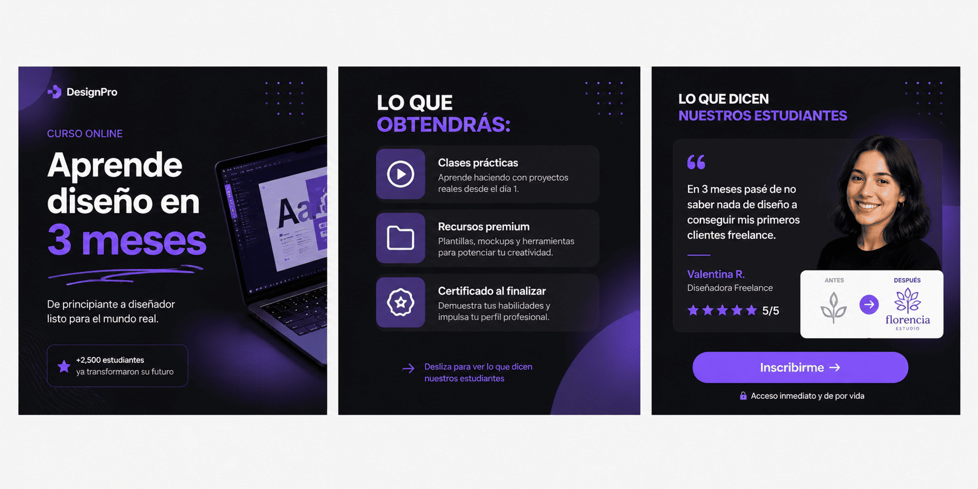 Ejemplo visual de un anuncio en formato carrusel de tres tarjetas cuadradas