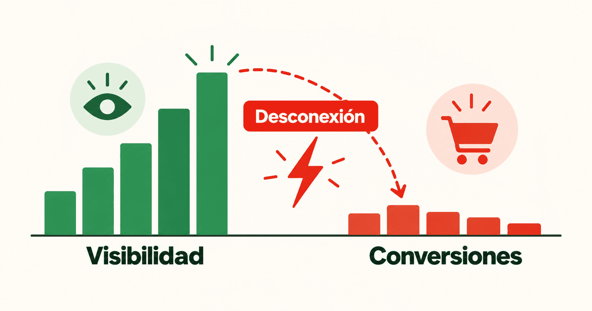 Gráfico que muestra alta visibilidad frente a bajas conversiones y la desconexión entre ambas métricas.