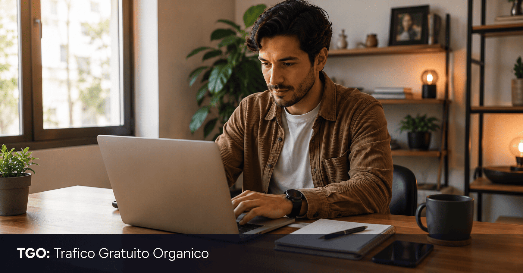 Hombre joven latinoamericano trabajando desde casa con laptop y smartphone representando la generacion de trafico organico gratuito