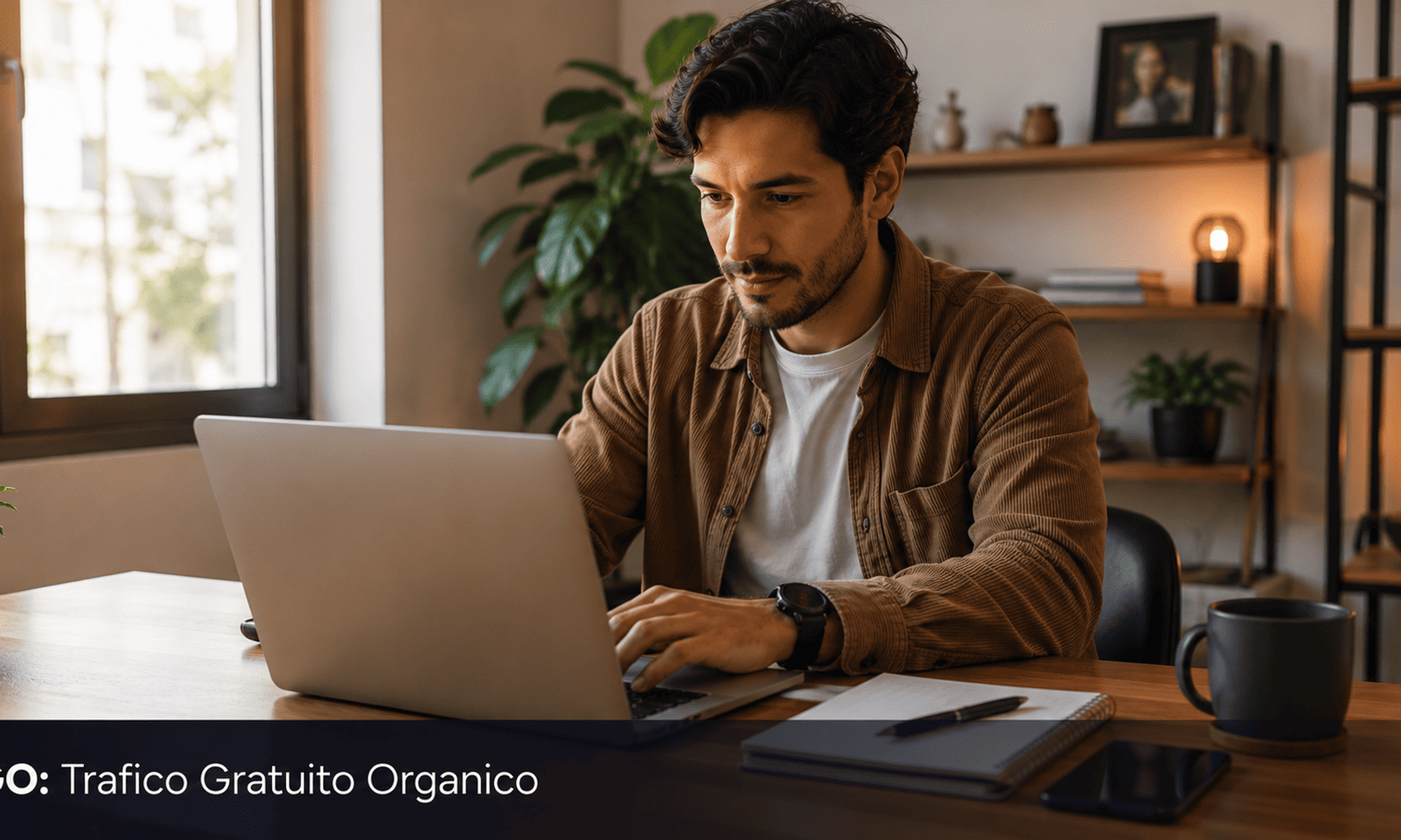 Hombre joven latinoamericano trabajando desde casa con laptop y smartphone representando la generacion de trafico organico gratuito