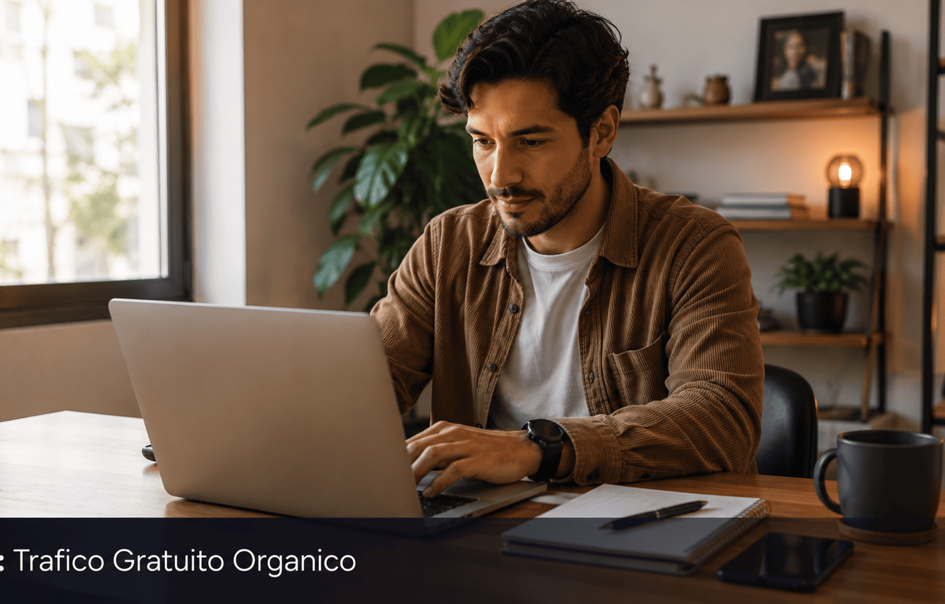 Hombre joven latinoamericano trabajando desde casa con laptop y smartphone representando la generacion de trafico organico gratuito