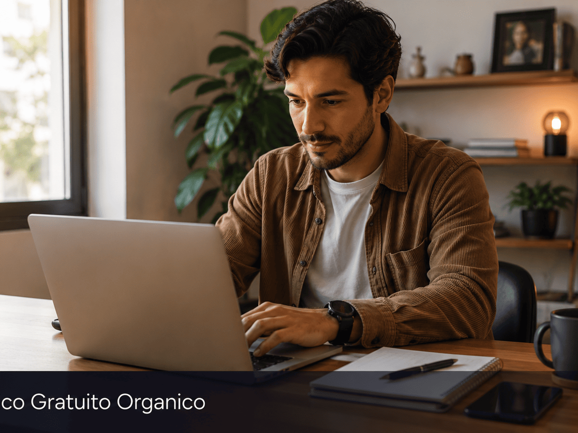 Hombre joven latinoamericano trabajando desde casa con laptop y smartphone representando la generacion de trafico organico gratuito