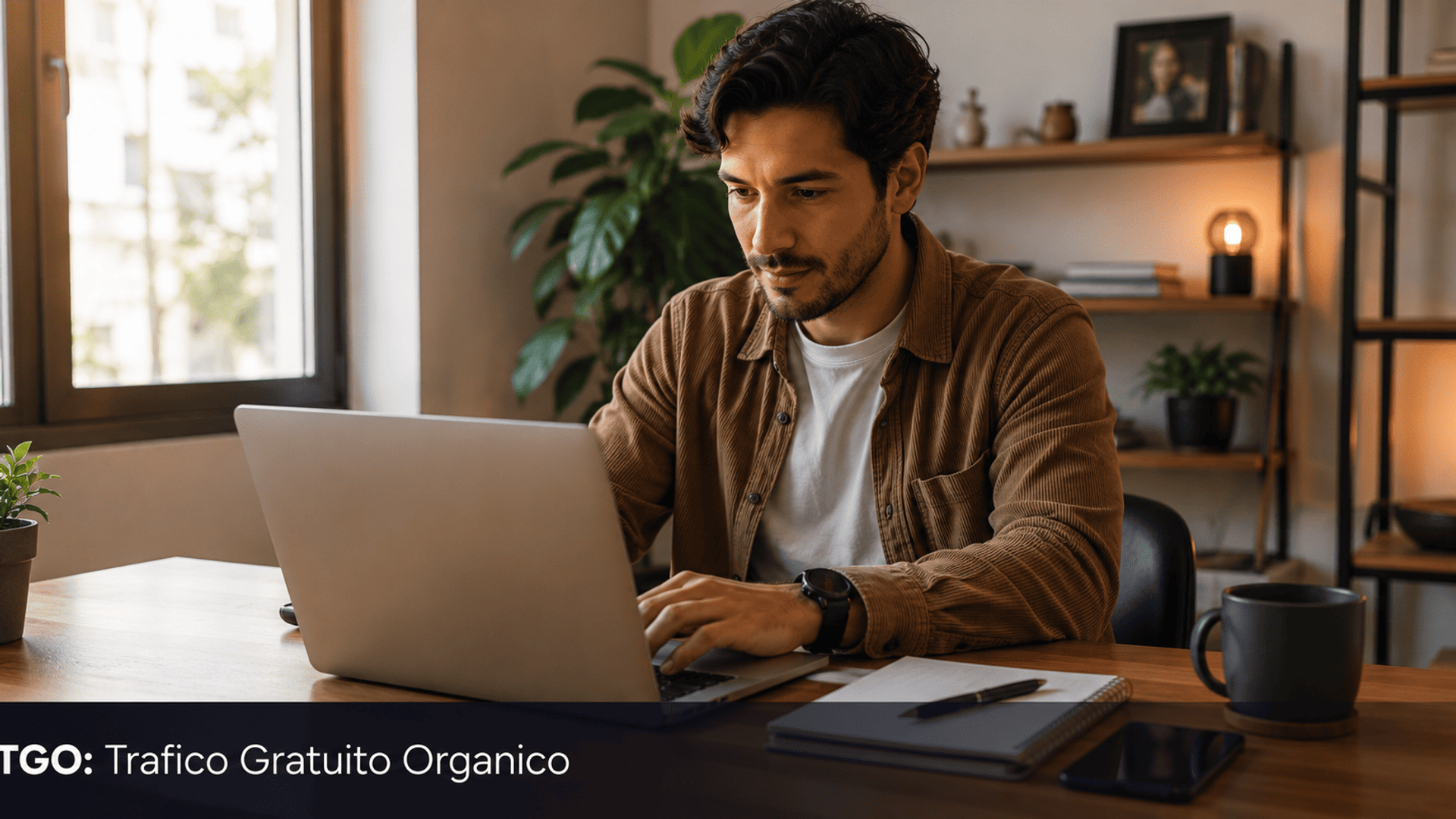 Hombre joven latinoamericano trabajando desde casa con laptop y smartphone representando la generacion de trafico organico gratuito