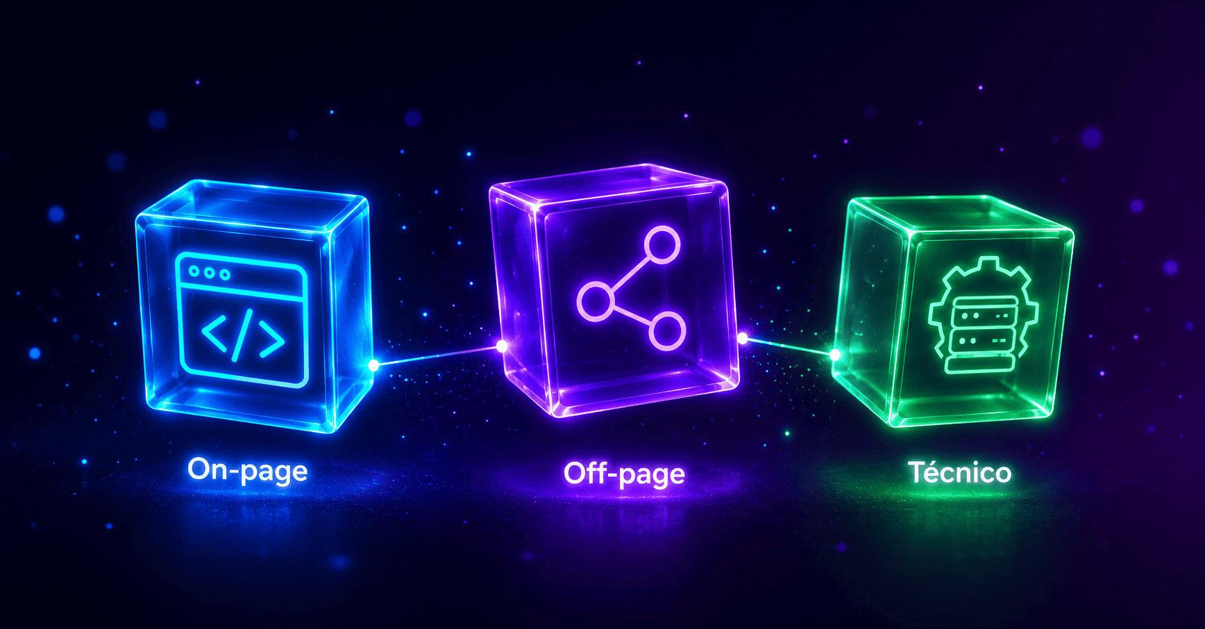 Tres cubos tridimensionales flotantes con efecto neon que representan los tres tipos de SEO