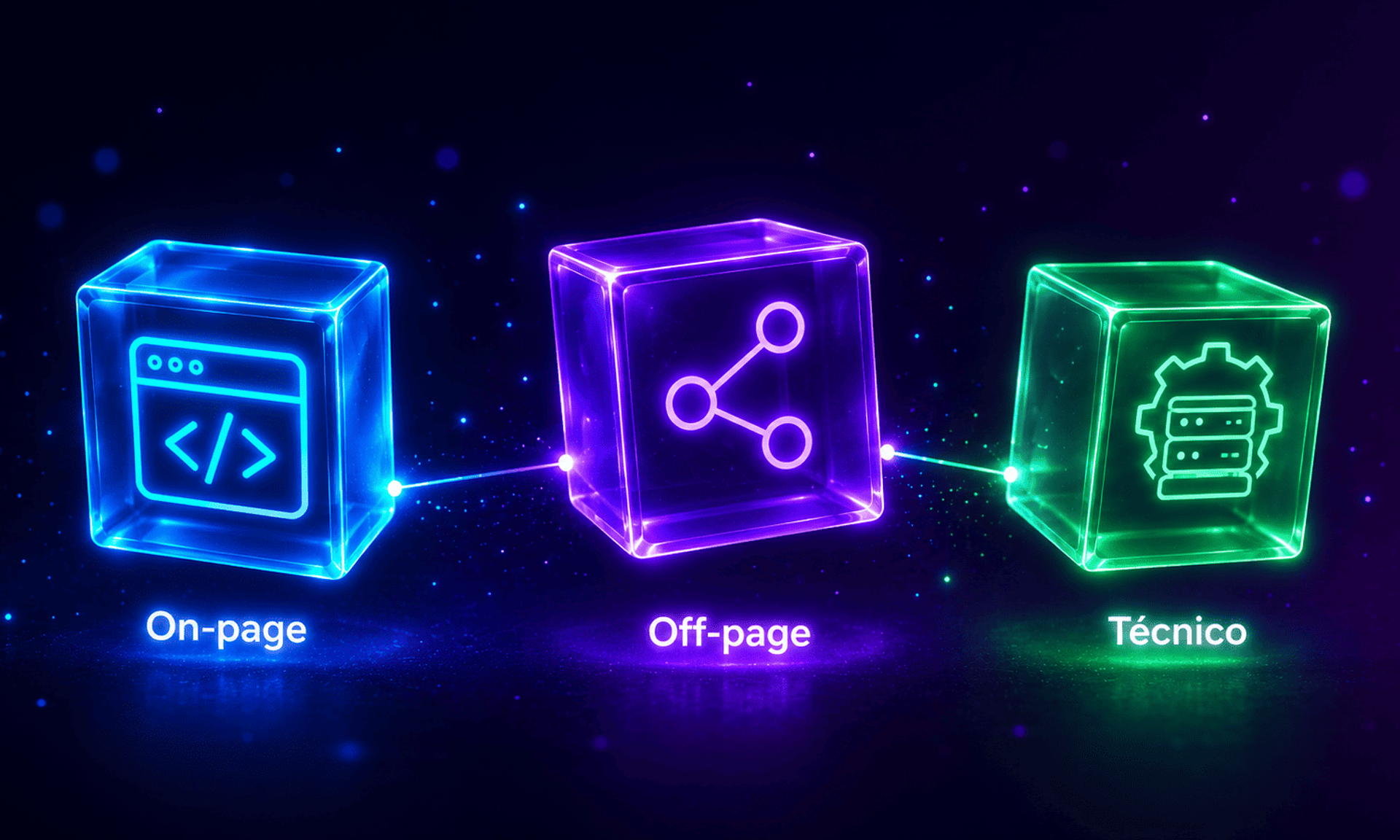 Tres cubos tridimensionales flotantes con efecto neon que representan los tres tipos de SEO