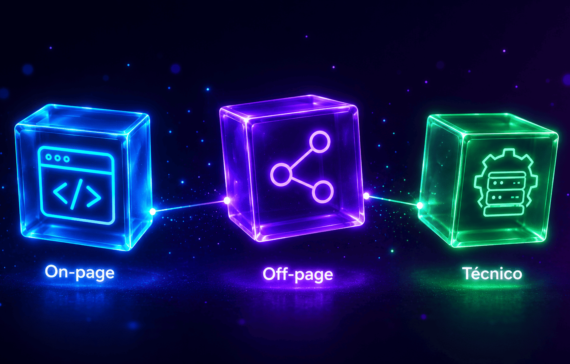 Tres cubos tridimensionales flotantes con efecto neon que representan los tres tipos de SEO