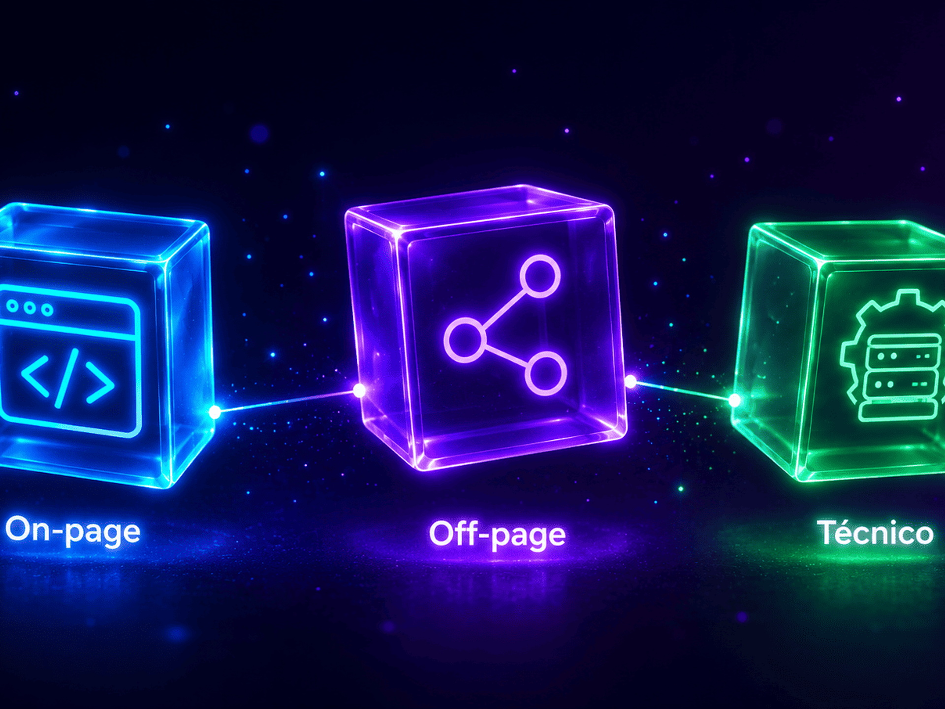 Tres cubos tridimensionales flotantes con efecto neon que representan los tres tipos de SEO