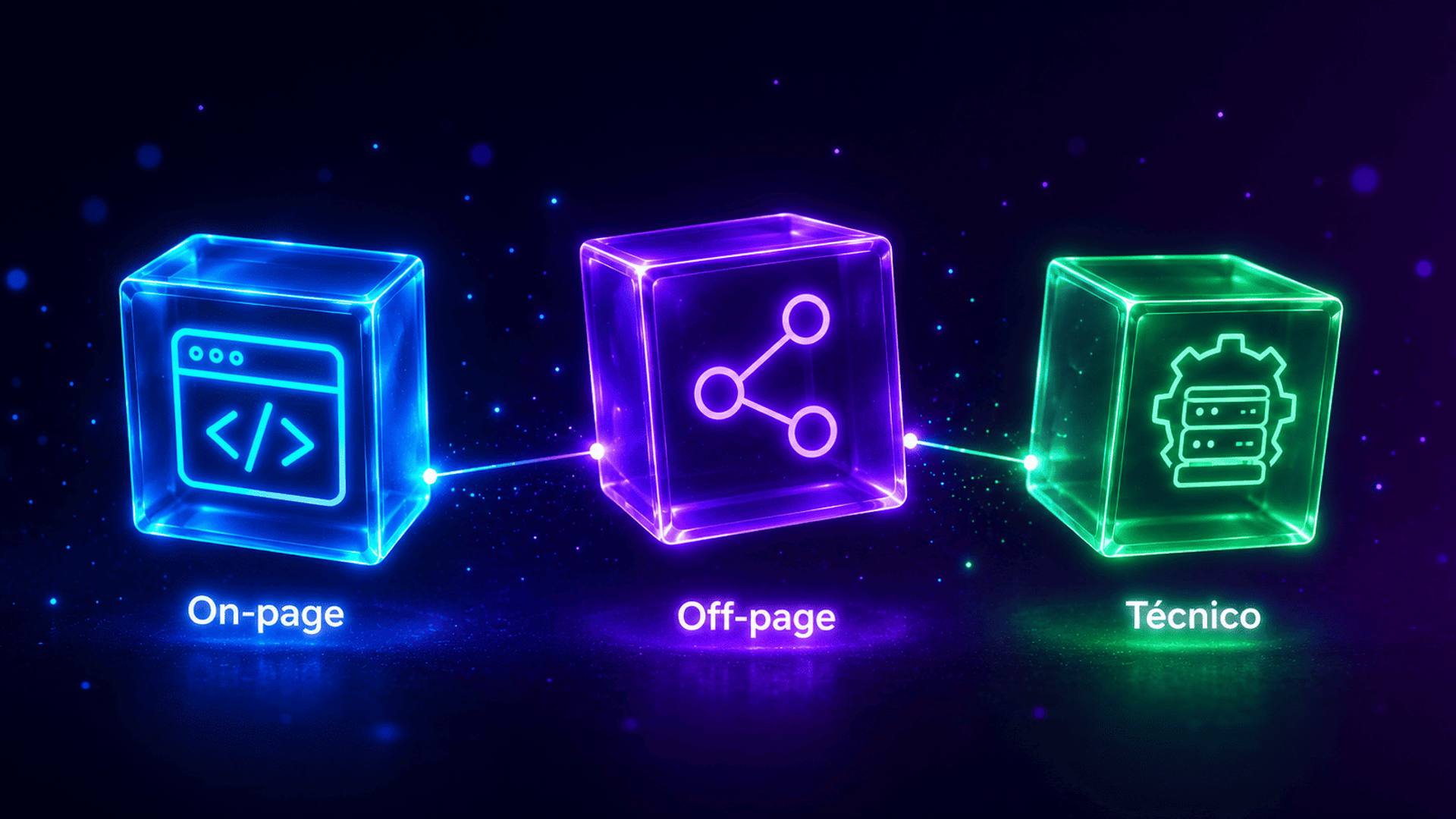 Tres cubos tridimensionales flotantes con efecto neon que representan los tres tipos de SEO