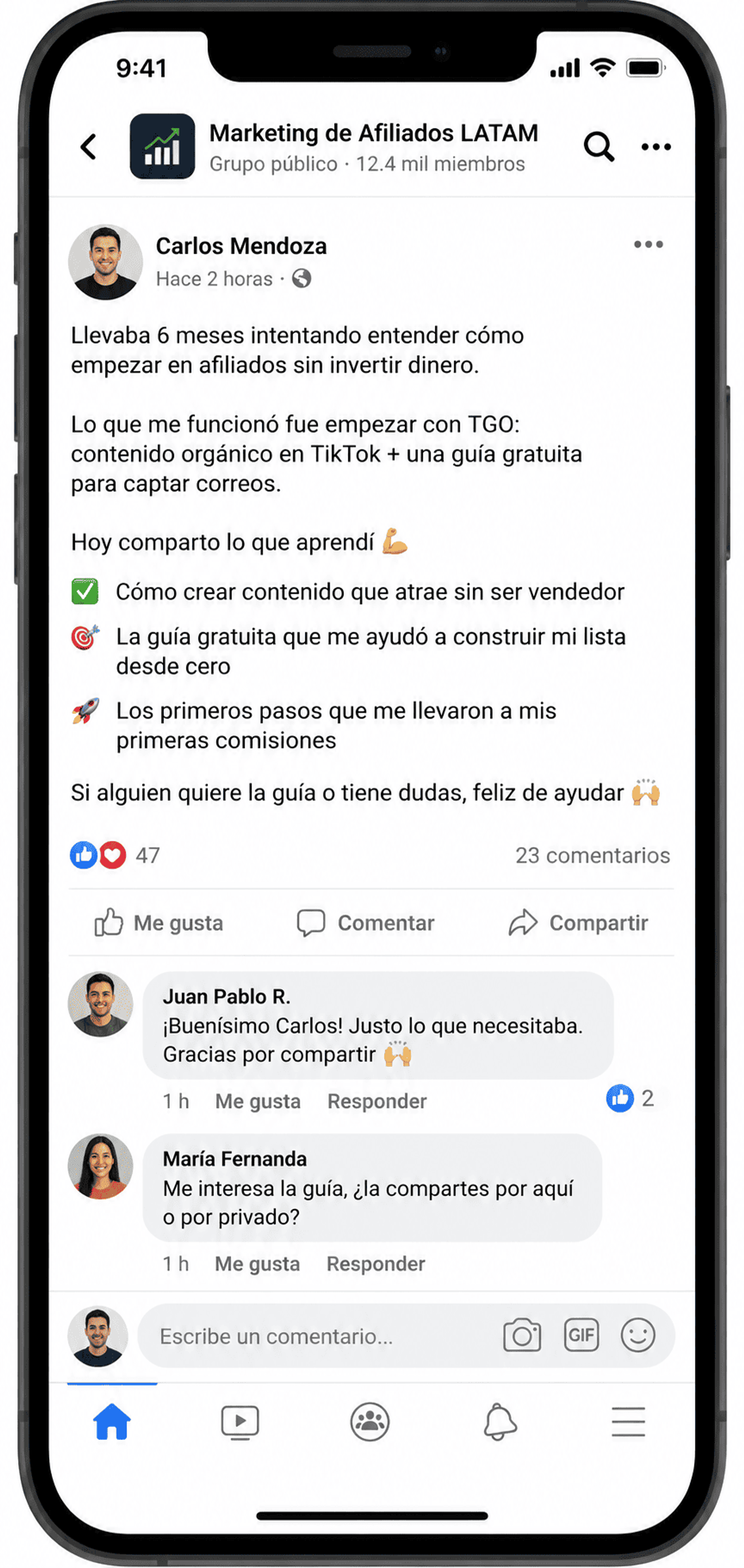 Ejemplo de publicación natural en un grupo de Facebook para marketing de afiliados en LATAM