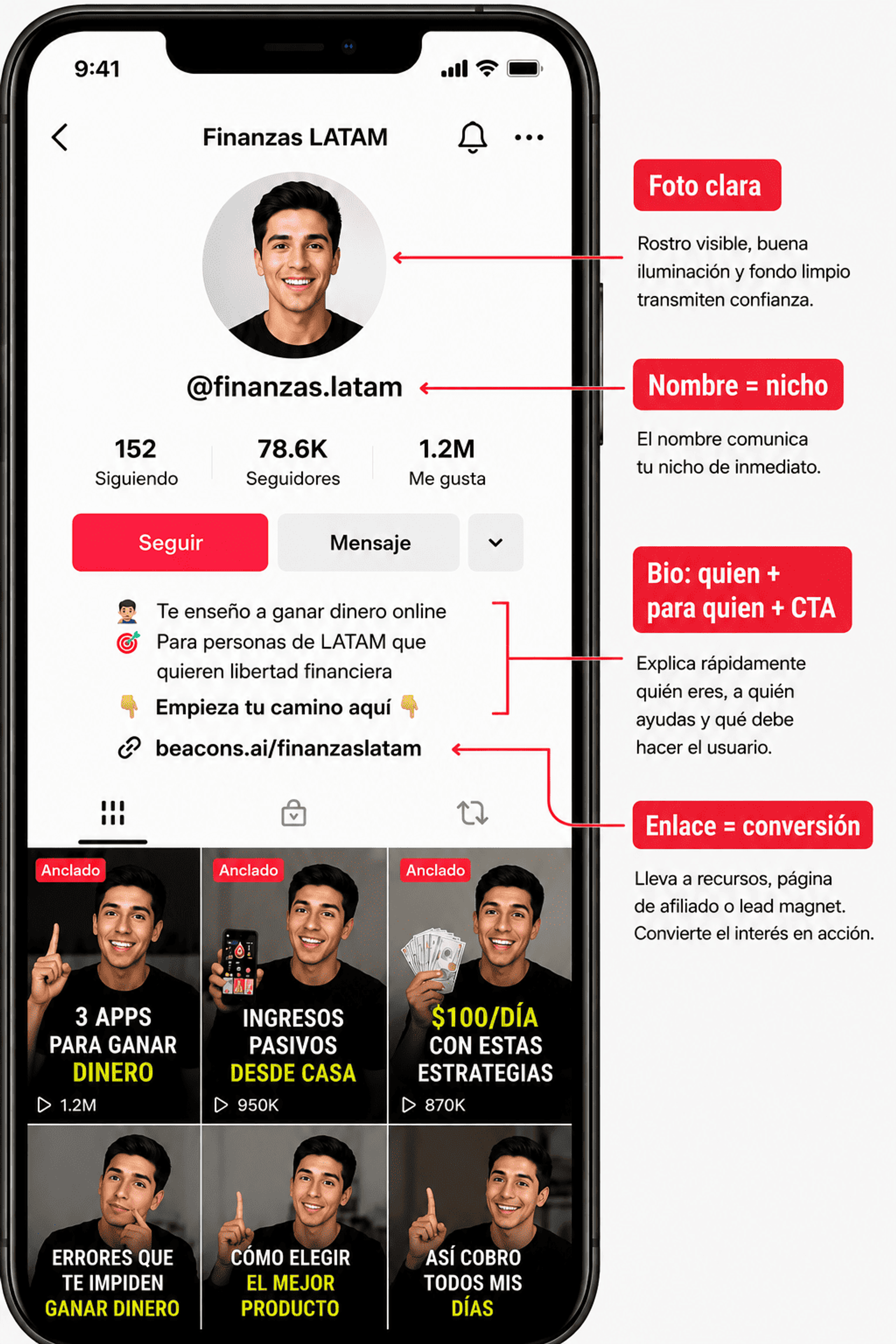 Perfil de TikTok optimizado para captar seguidores y generar ventas en marketing de afiliados.