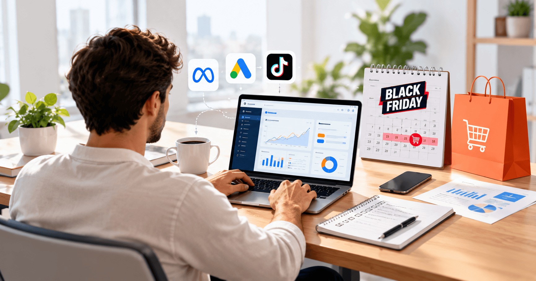 Persona analizando datos de marketing para Black Friday.