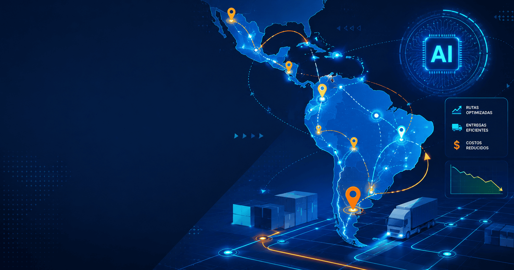 Ilustración de inteligencia artificial optimizando rutas logísticas en Latinoamérica mediante conexiones inteligentes, puntos de entrega y flujos de datos.