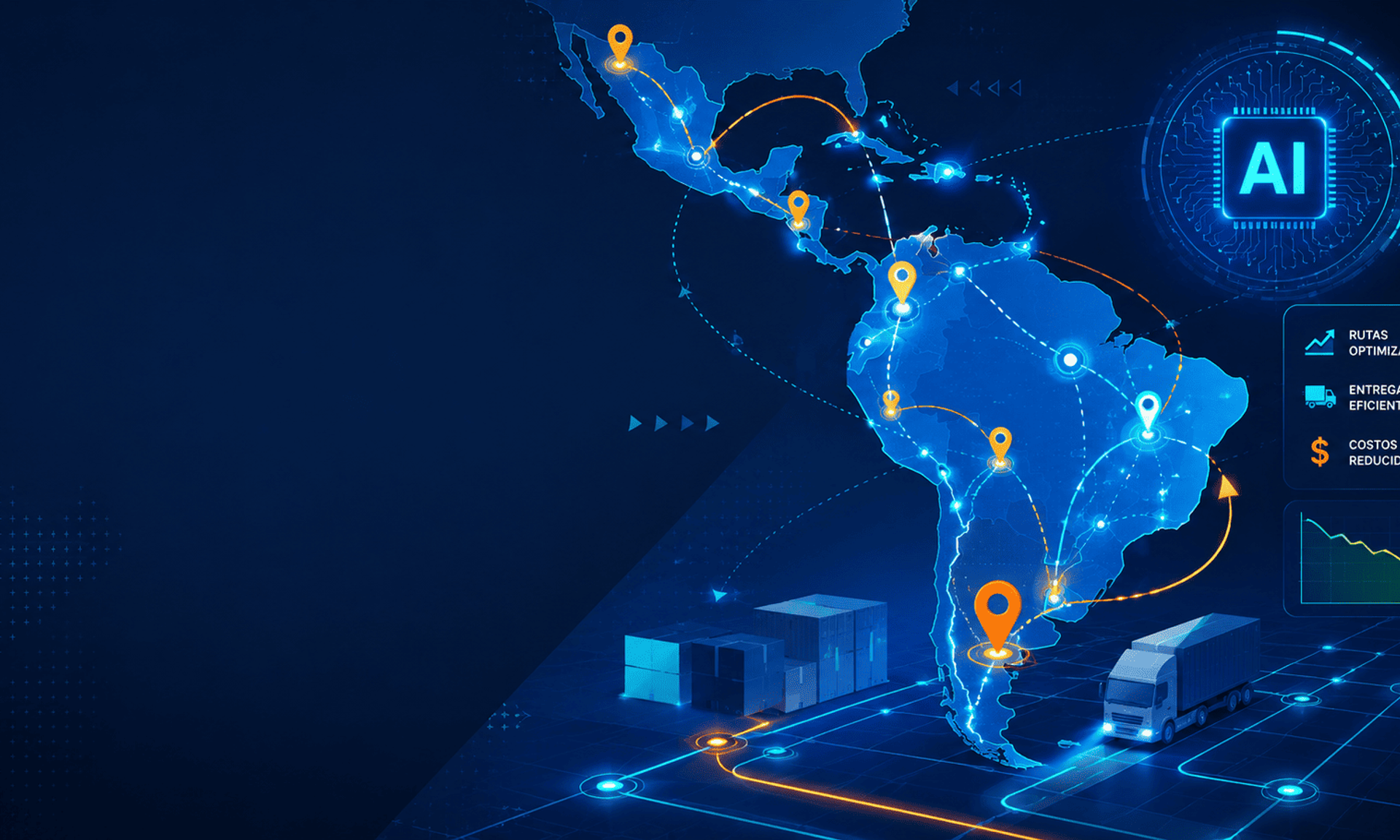 Ilustración de inteligencia artificial optimizando rutas logísticas en Latinoamérica mediante conexiones inteligentes, puntos de entrega y flujos de datos.
