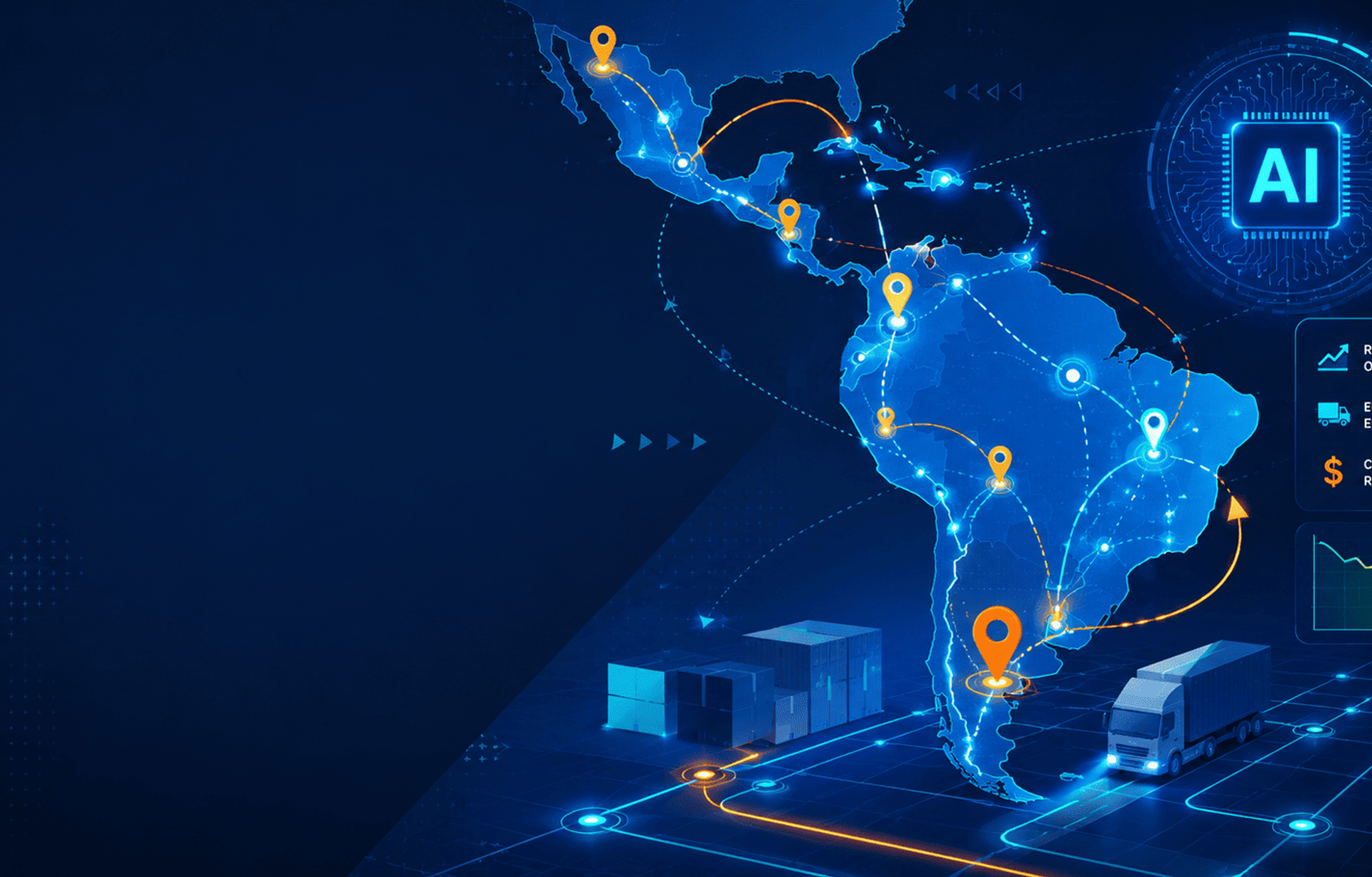 Ilustración de inteligencia artificial optimizando rutas logísticas en Latinoamérica mediante conexiones inteligentes, puntos de entrega y flujos de datos.