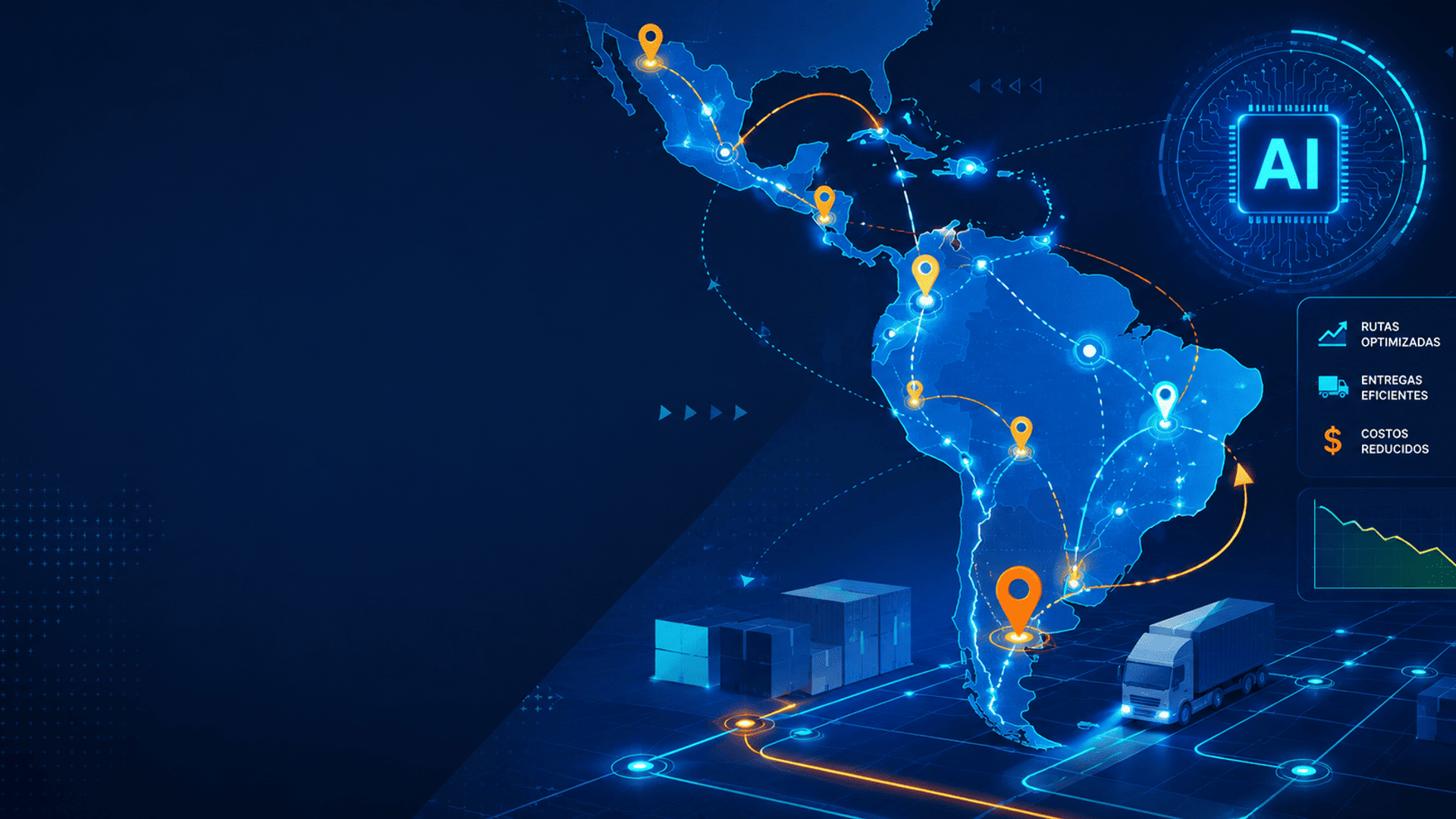 Ilustración de inteligencia artificial optimizando rutas logísticas en Latinoamérica mediante conexiones inteligentes, puntos de entrega y flujos de datos.