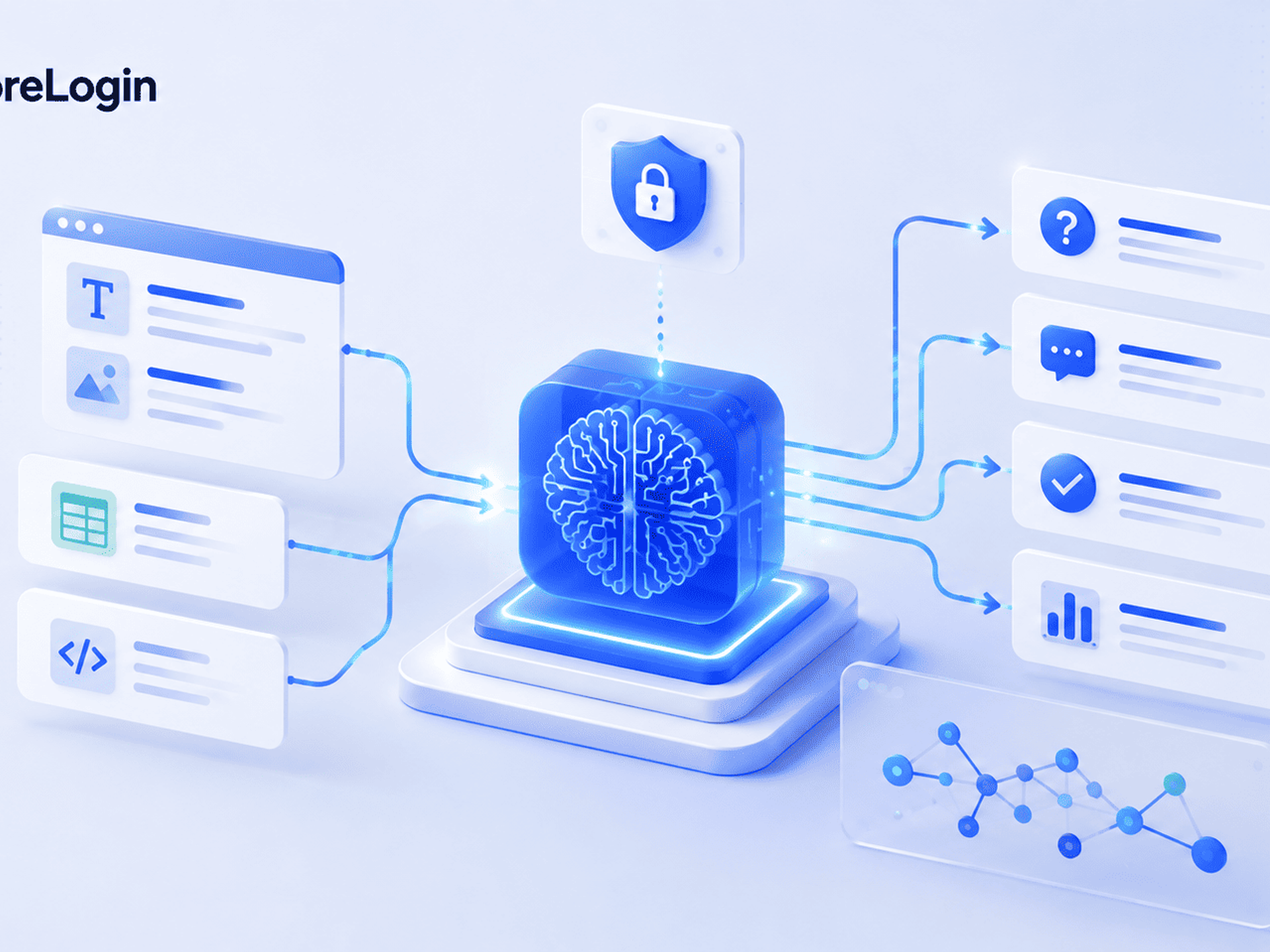 Ilustración tecnológica de MoreLogin con un núcleo de inteligencia conectado a perfiles, contenido, análisis y automatización mediante flujos de datos seguros.