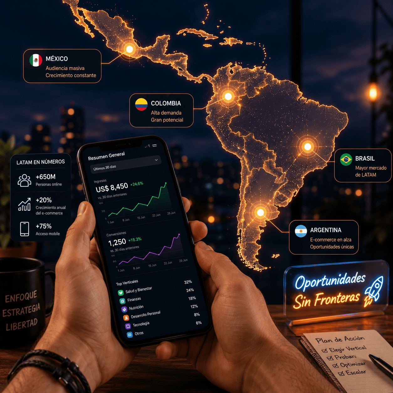 Mapa de América Latina con puntos de datos y manos sosteniendo un teléfono con gráficos de tendencias.