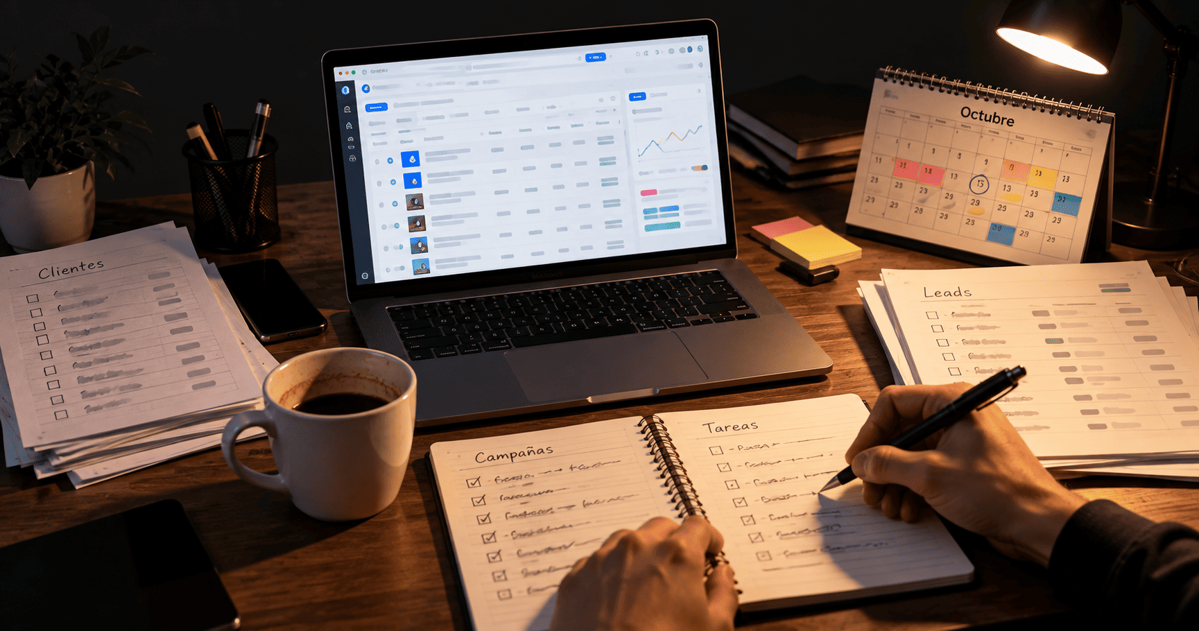 Gestión manual de campañas publicitarias con listas, calendario, métricas y tareas en un escritorio.