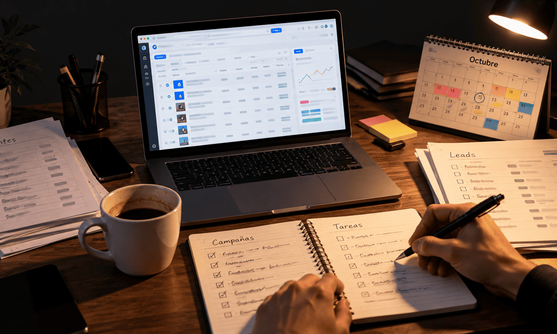 Gestión manual de campañas publicitarias con listas, calendario, métricas y tareas en un escritorio.