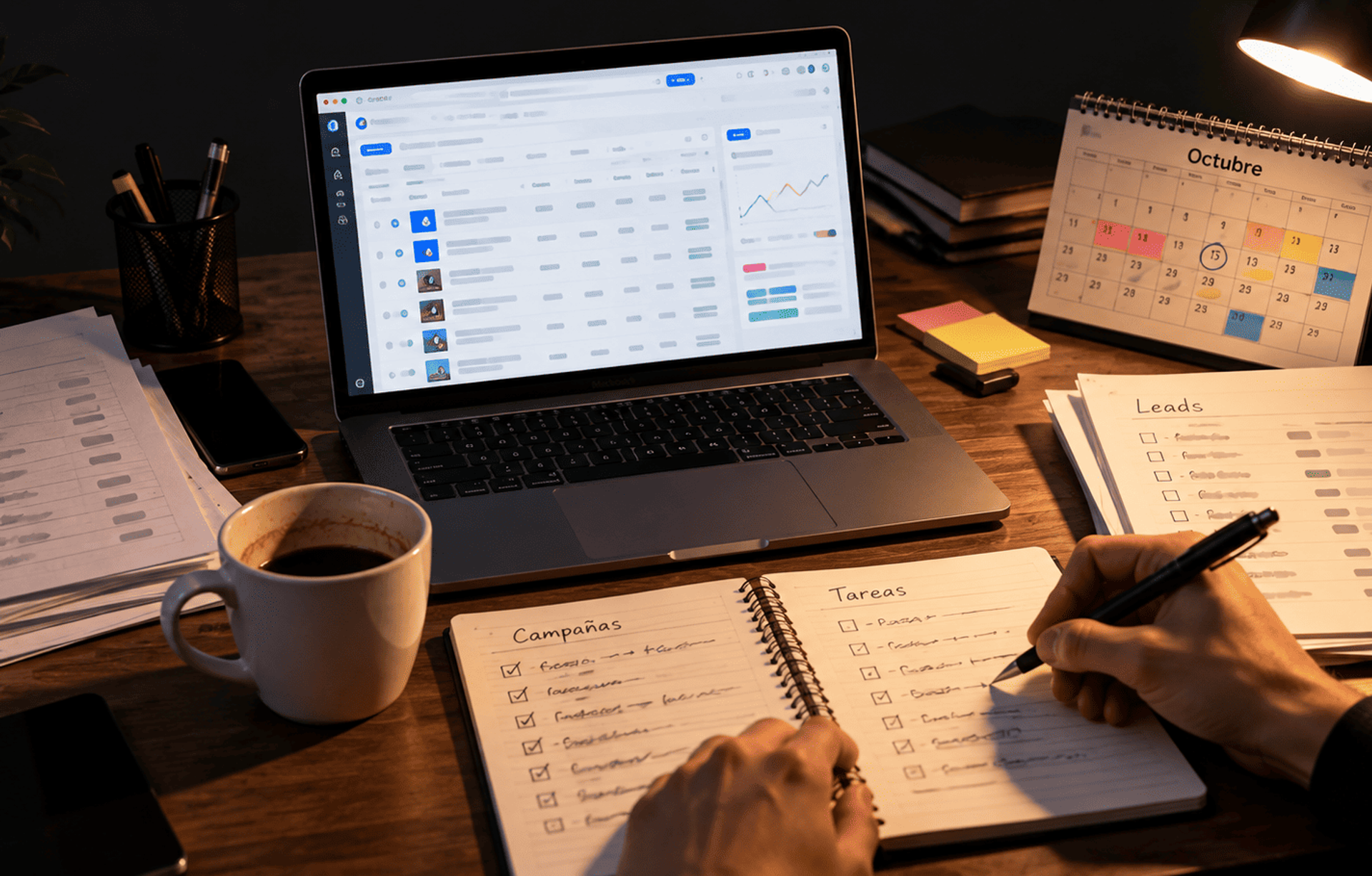 Gestión manual de campañas publicitarias con listas, calendario, métricas y tareas en un escritorio.
