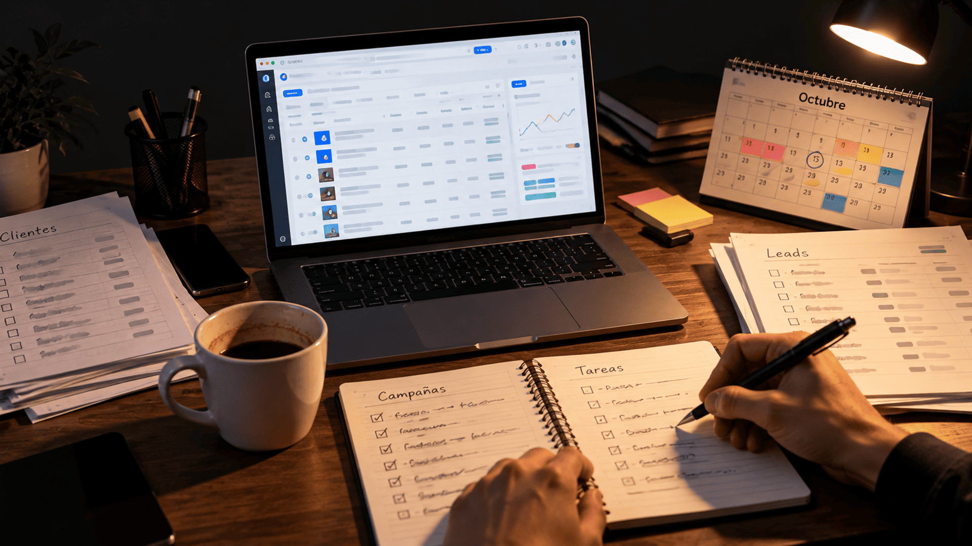 Gestión manual de campañas publicitarias con listas, calendario, métricas y tareas en un escritorio.