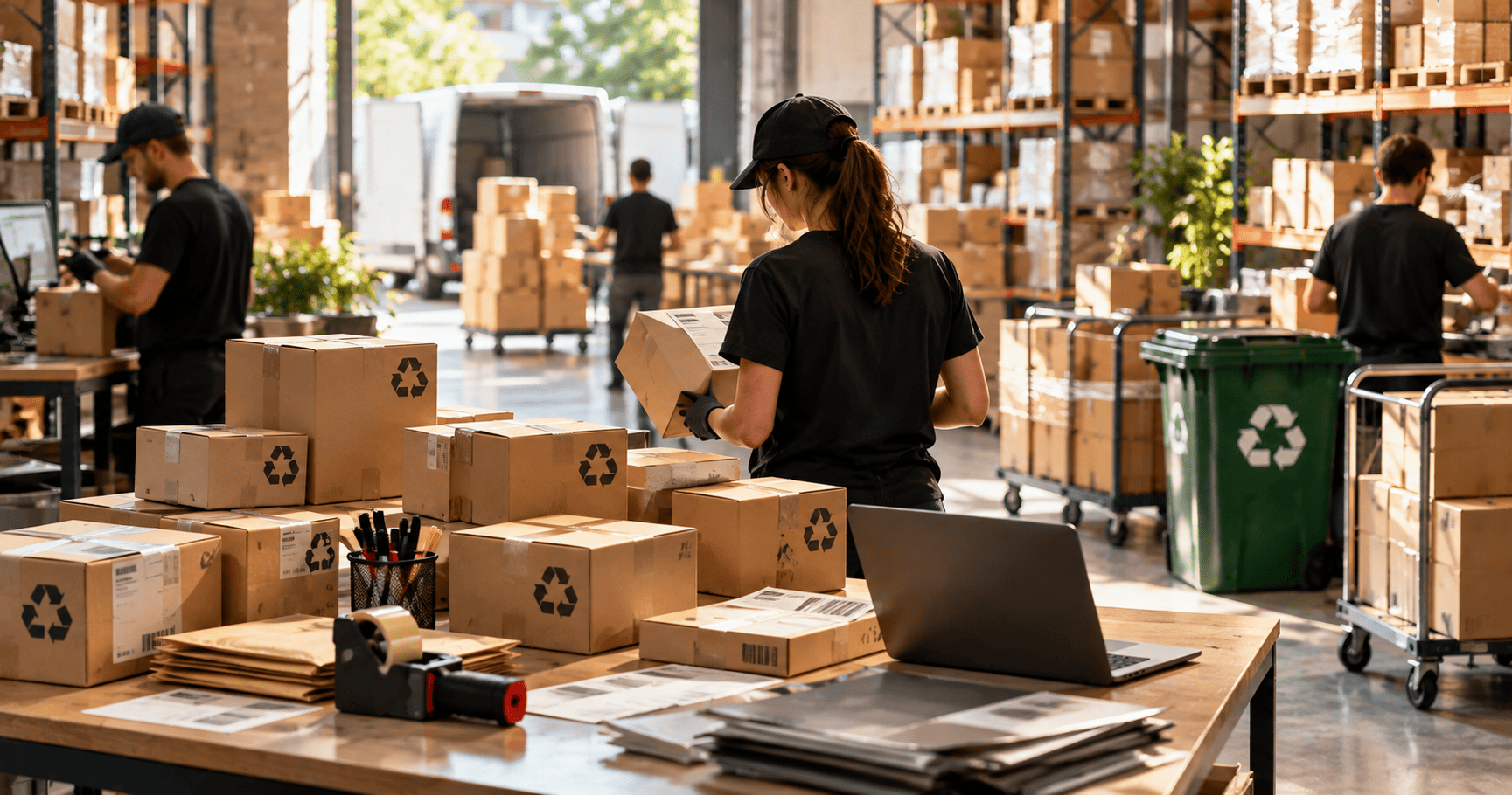 Almacén de comercio electrónico con paquetes reciclables y trabajadores preparando pedidos.
