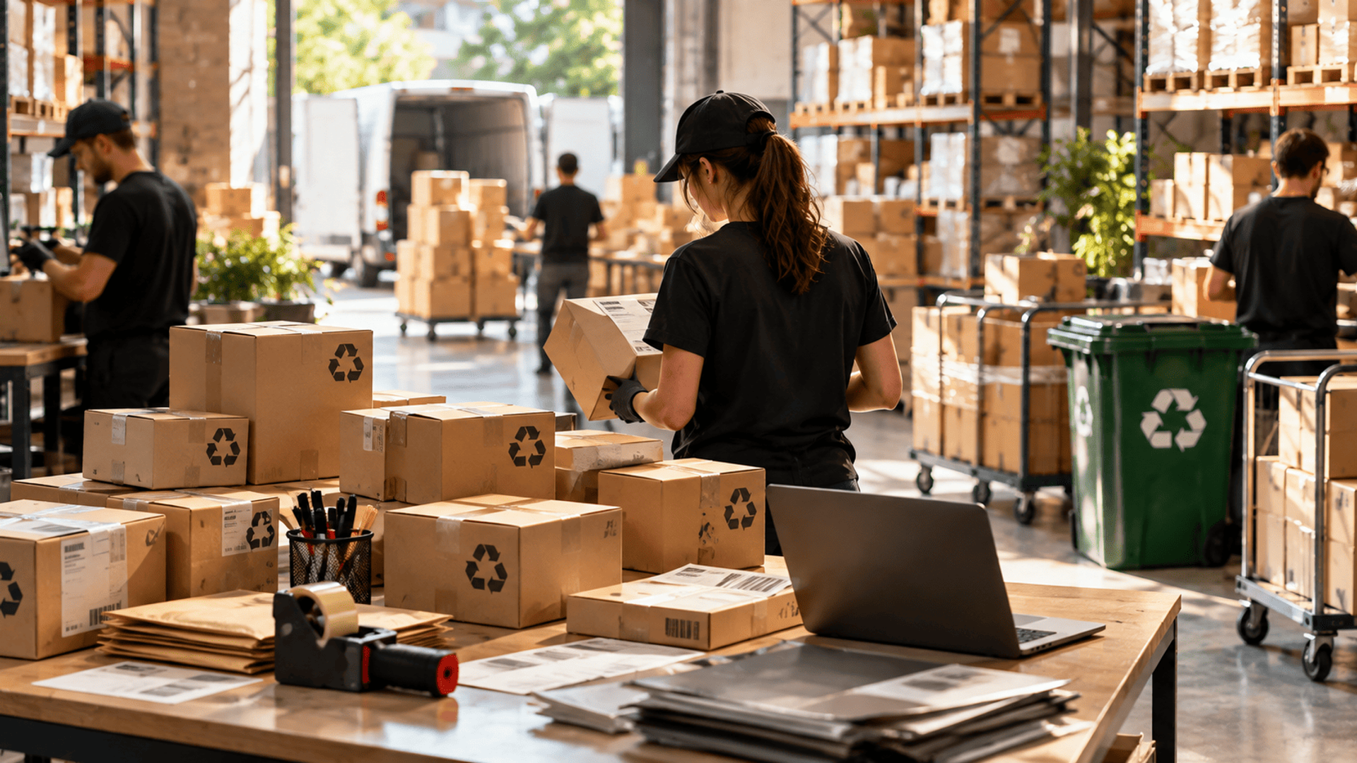 Almacén de comercio electrónico con paquetes reciclables y trabajadores preparando pedidos.