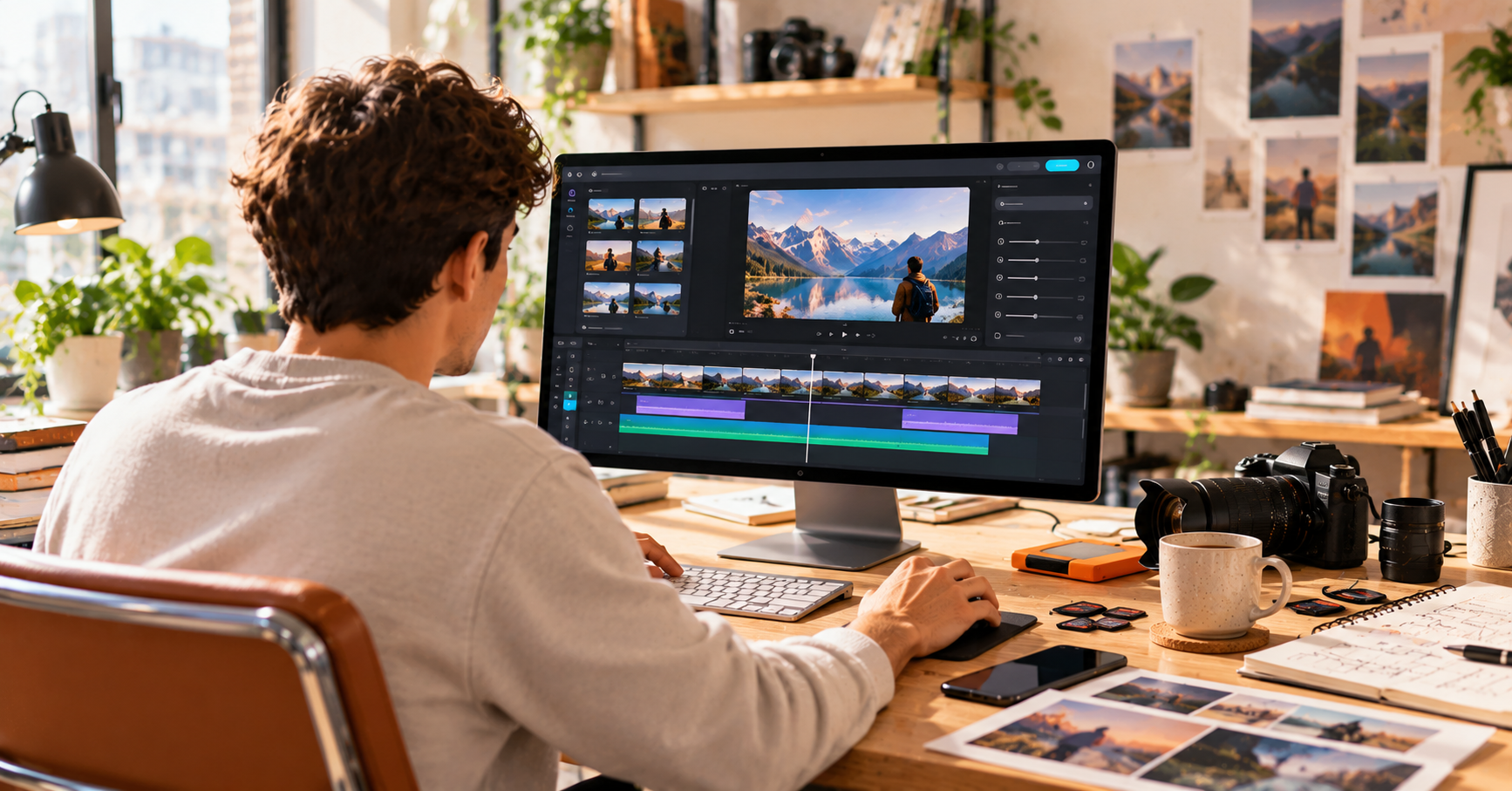 Edición de video en un espacio creativo con pantalla, cámara y herramientas de producción audiovisual.