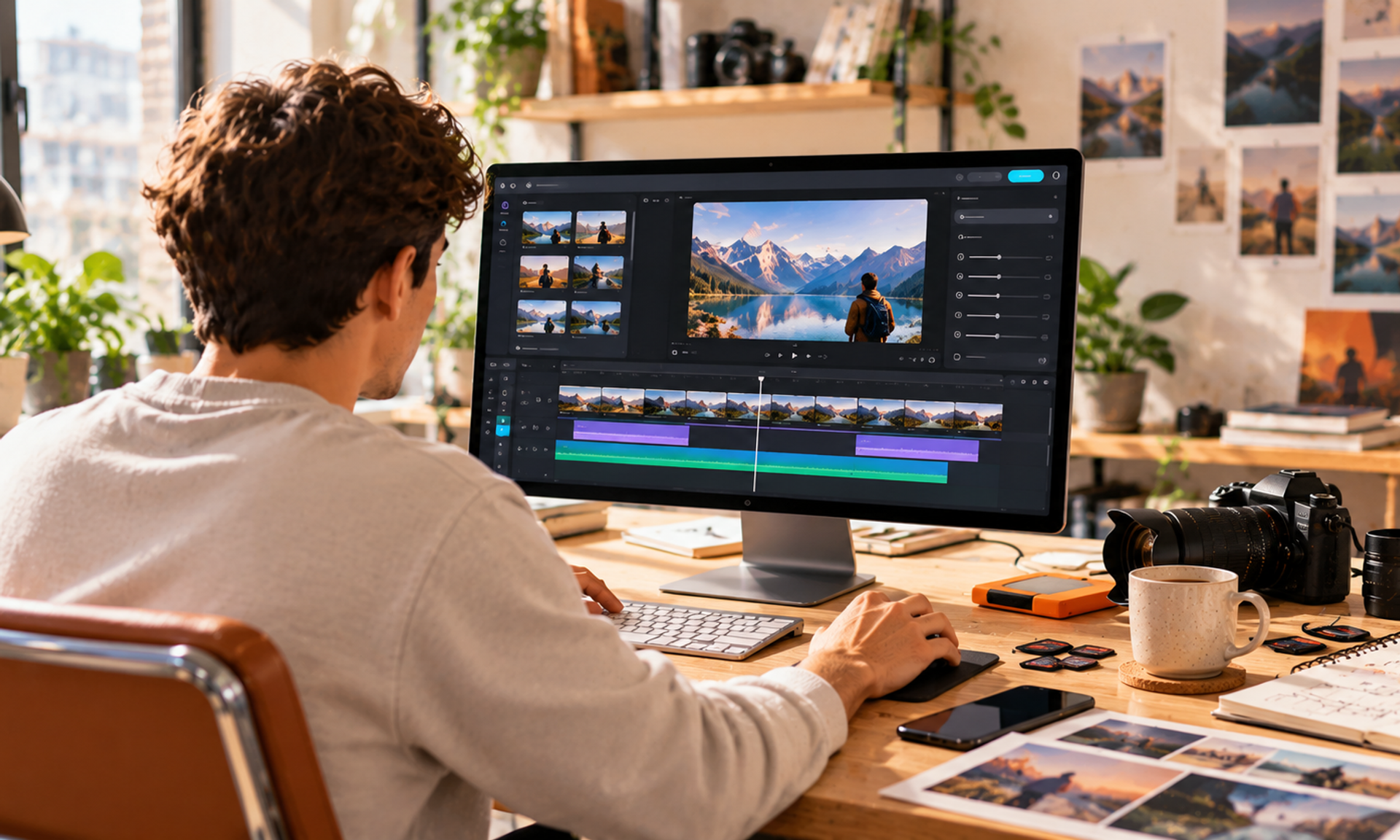 Edición de video en un espacio creativo con pantalla, cámara y herramientas de producción audiovisual.