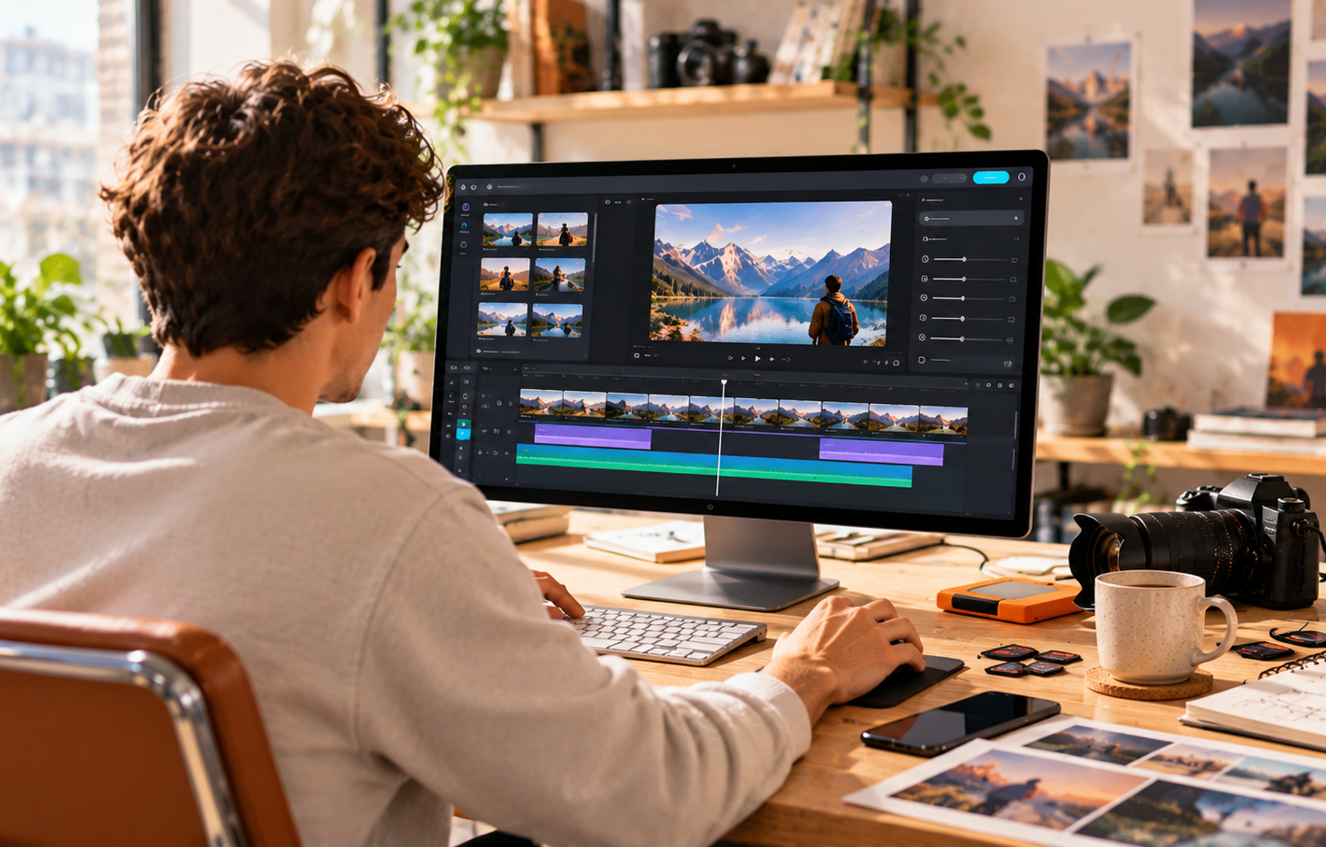 Edición de video en un espacio creativo con pantalla, cámara y herramientas de producción audiovisual.
