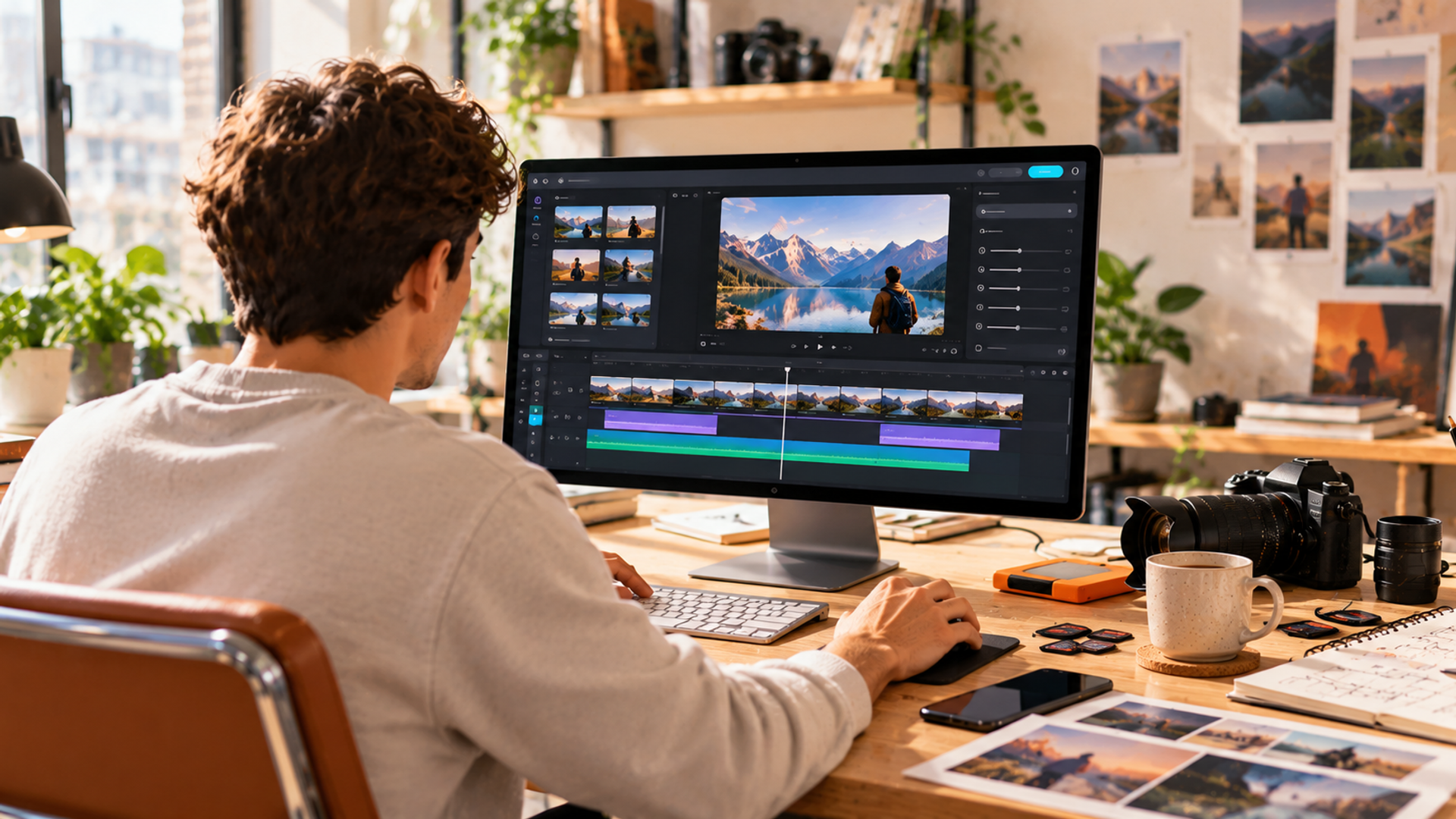 Edición de video en un espacio creativo con pantalla, cámara y herramientas de producción audiovisual.