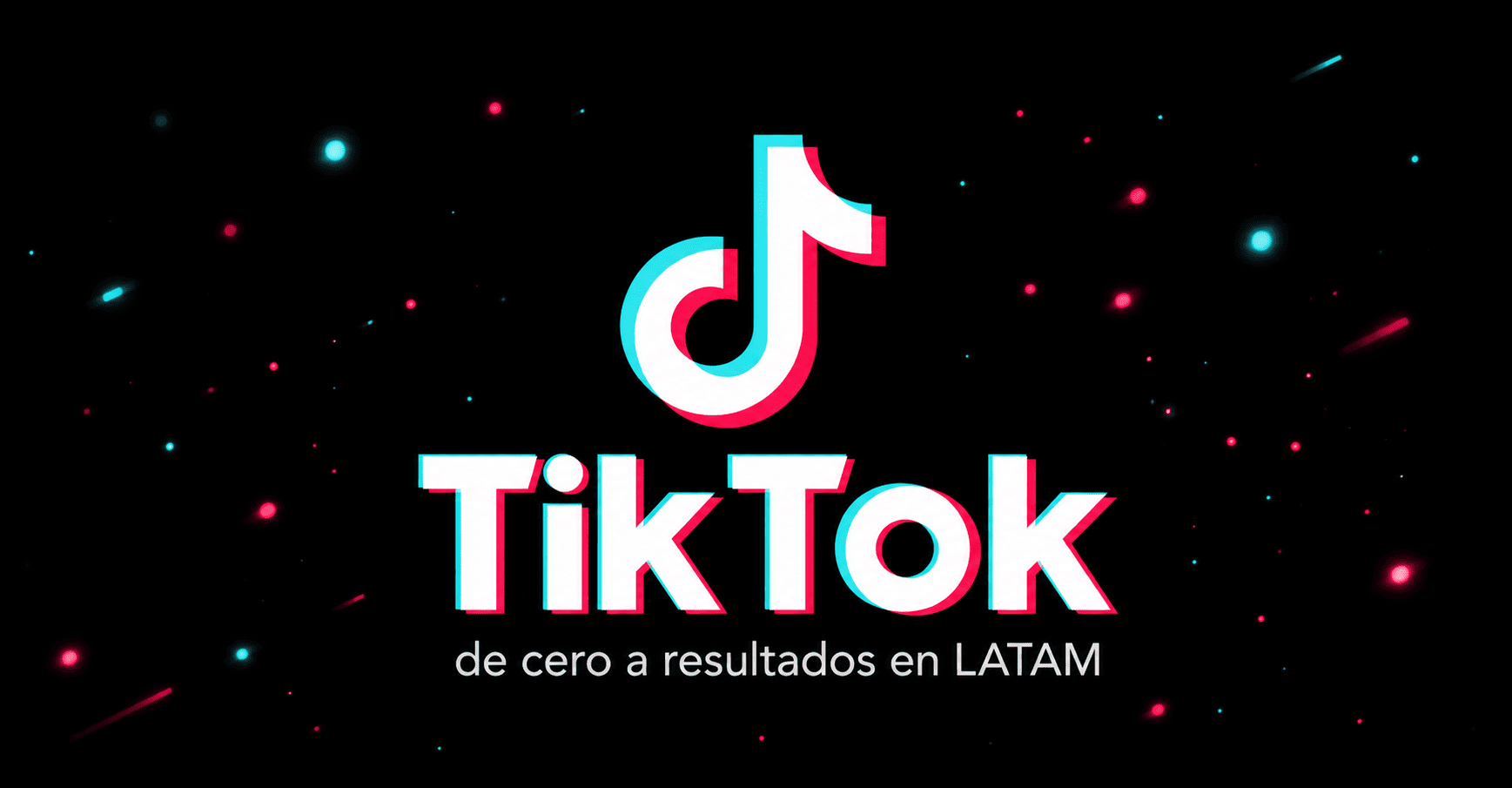 Icono de TikTok con efecto de doble sombra cyan y roja caracteristico sobre fondo negro.