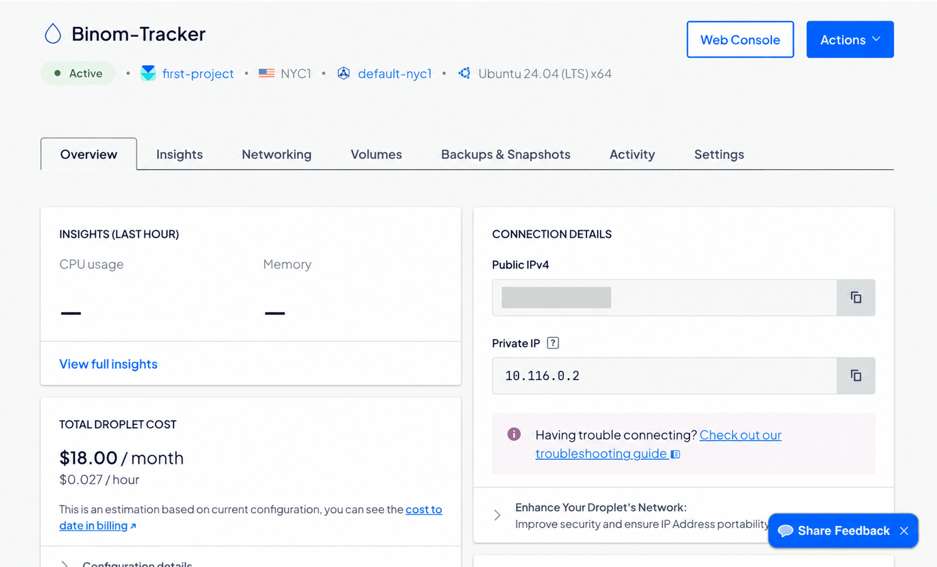 Panel del Droplet Binom-Tracker en DigitalOcean: estado Active, región NYC1, Ubuntu 24.04 y los datos de conexión del servidor.