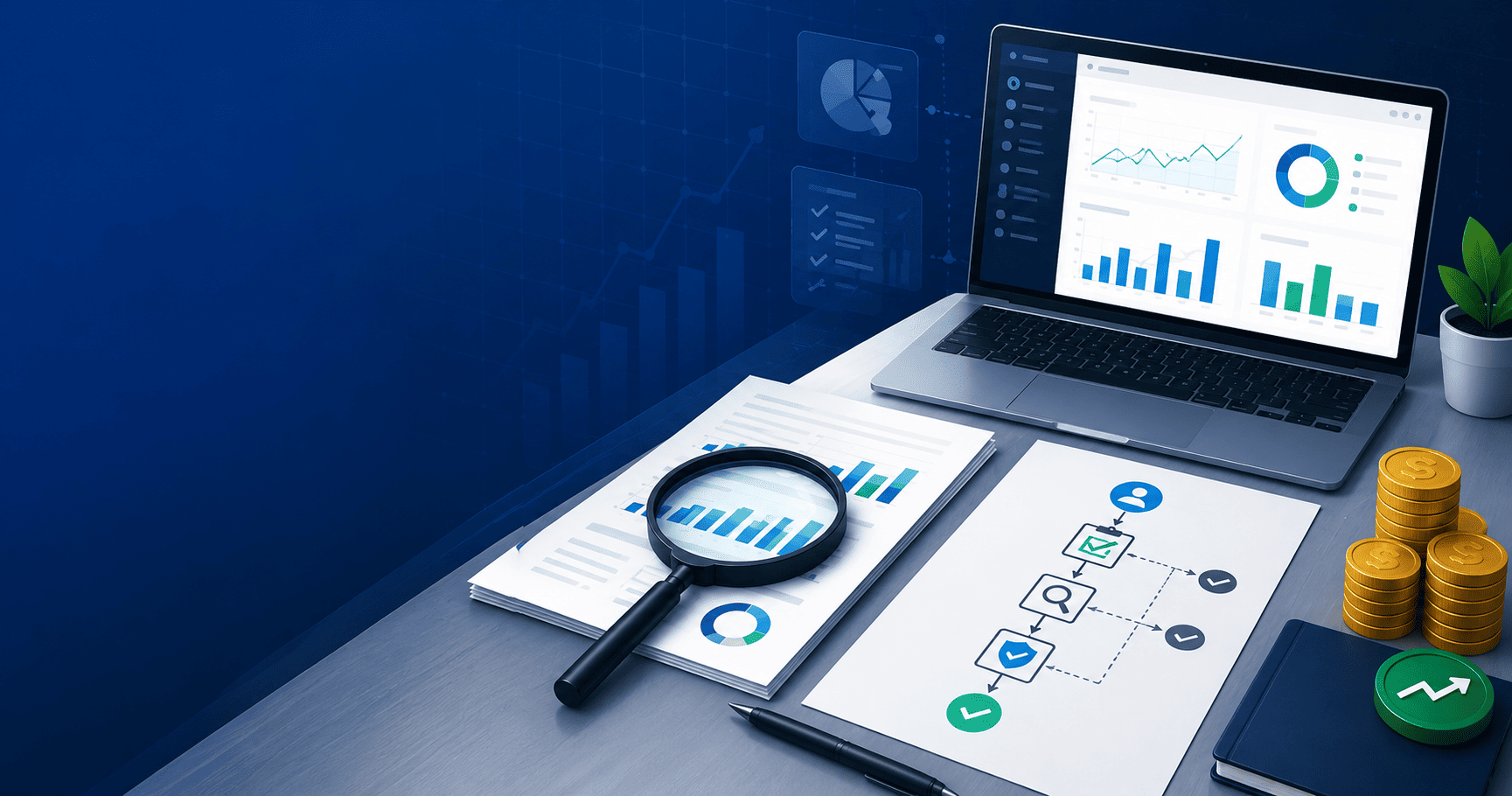 Ilustración de análisis empresarial con documentos, panel de métricas, diagrama de verificación, lupa y monedas de inversión.