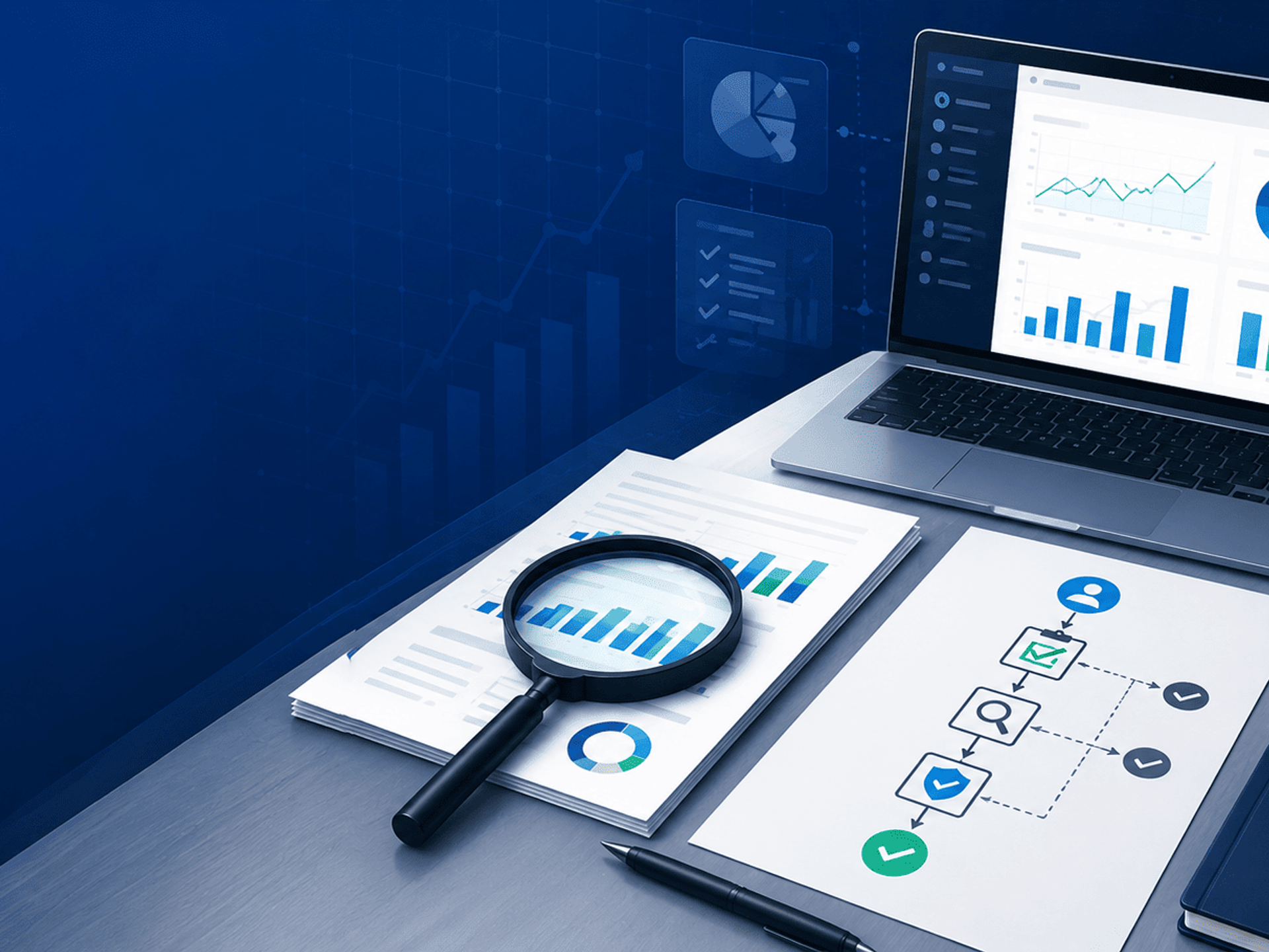 Ilustración de análisis empresarial con documentos, panel de métricas, diagrama de verificación, lupa y monedas de inversión.