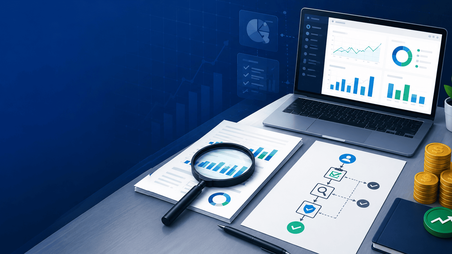 Ilustración de análisis empresarial con documentos, panel de métricas, diagrama de verificación, lupa y monedas de inversión.