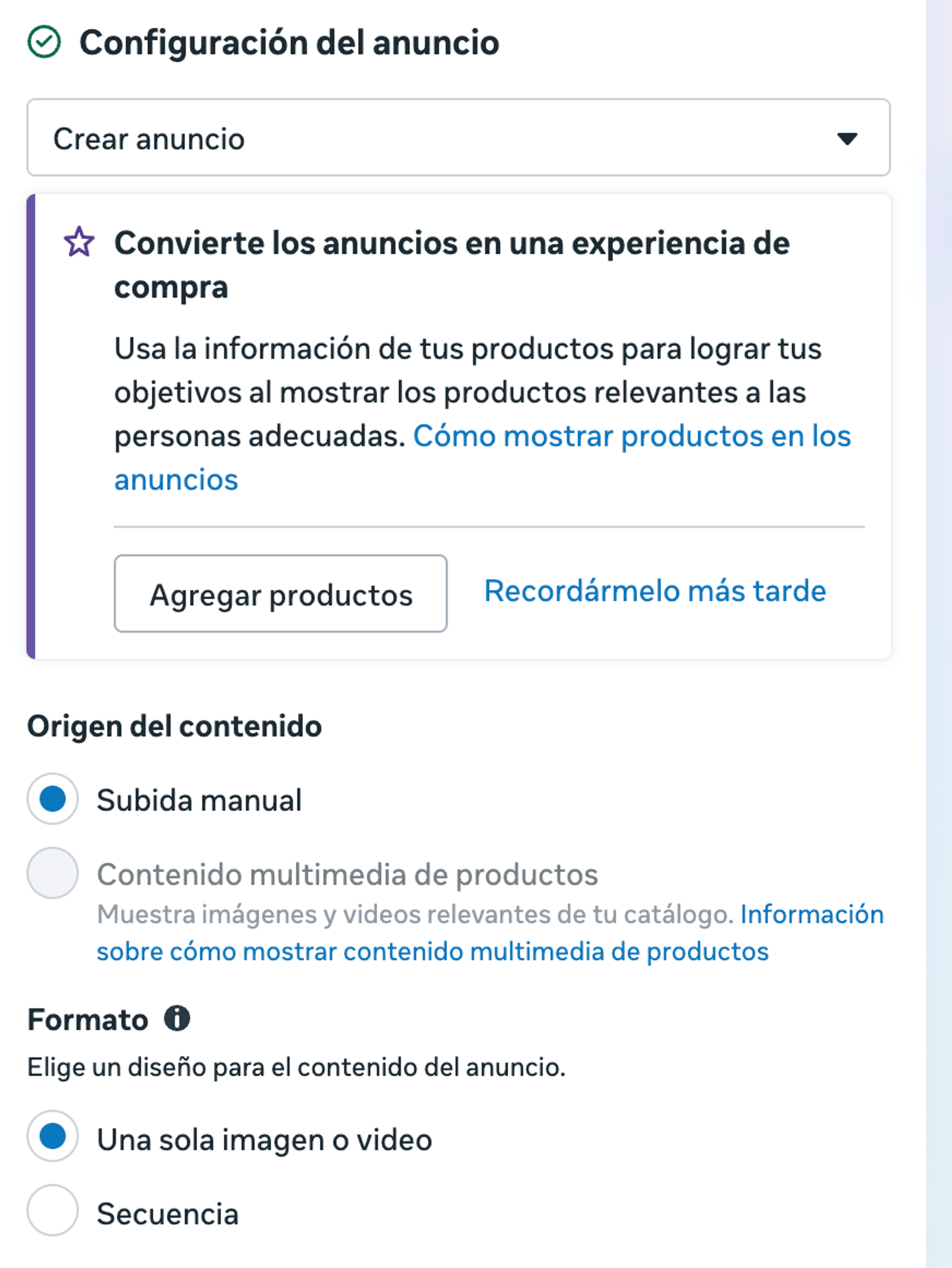 Meta, bloque «Configuración del anuncio»: «Crear anuncio», «Subida manual» y formato «Una sola imagen o video».